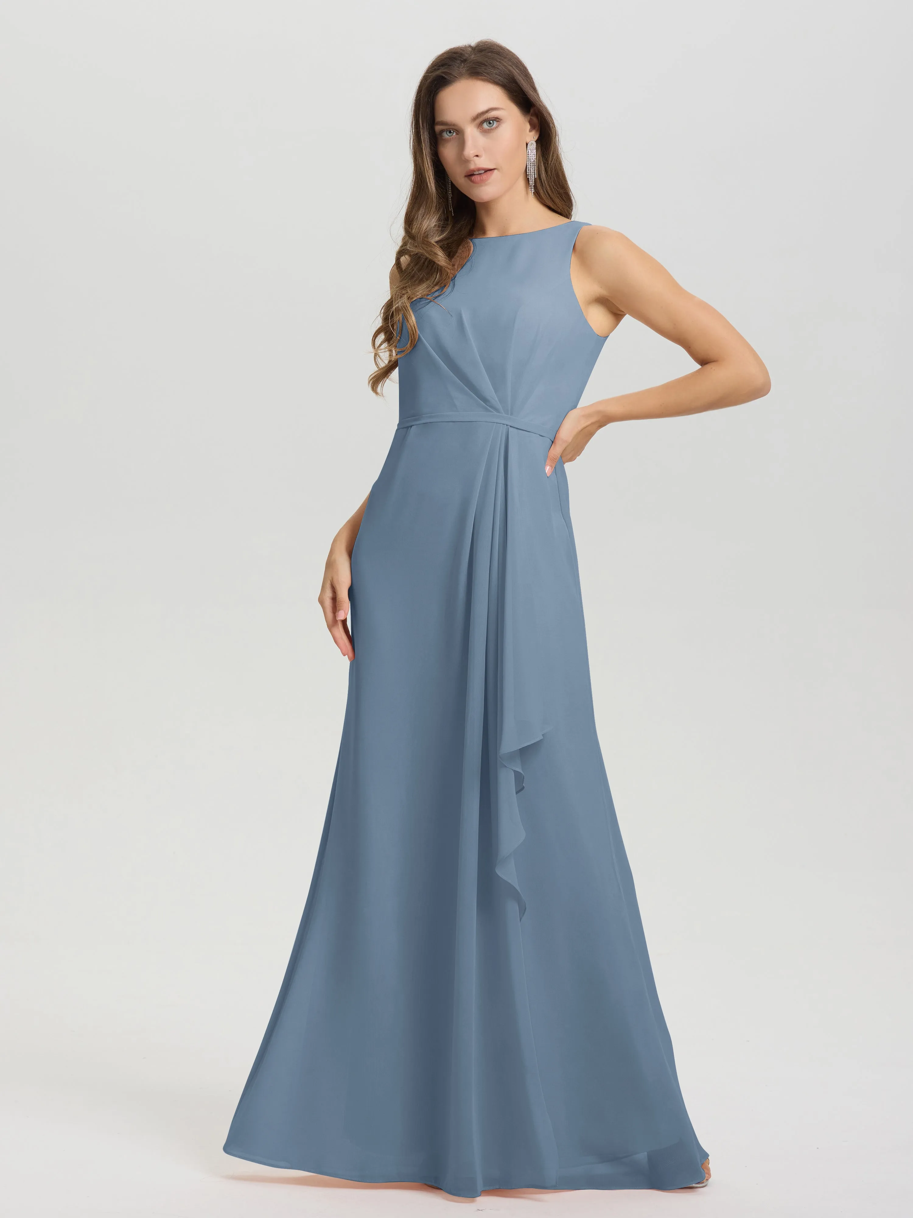 Jewel Sleeveless Ruched Floor Length Split Chiffon Bridesmaid Dresses