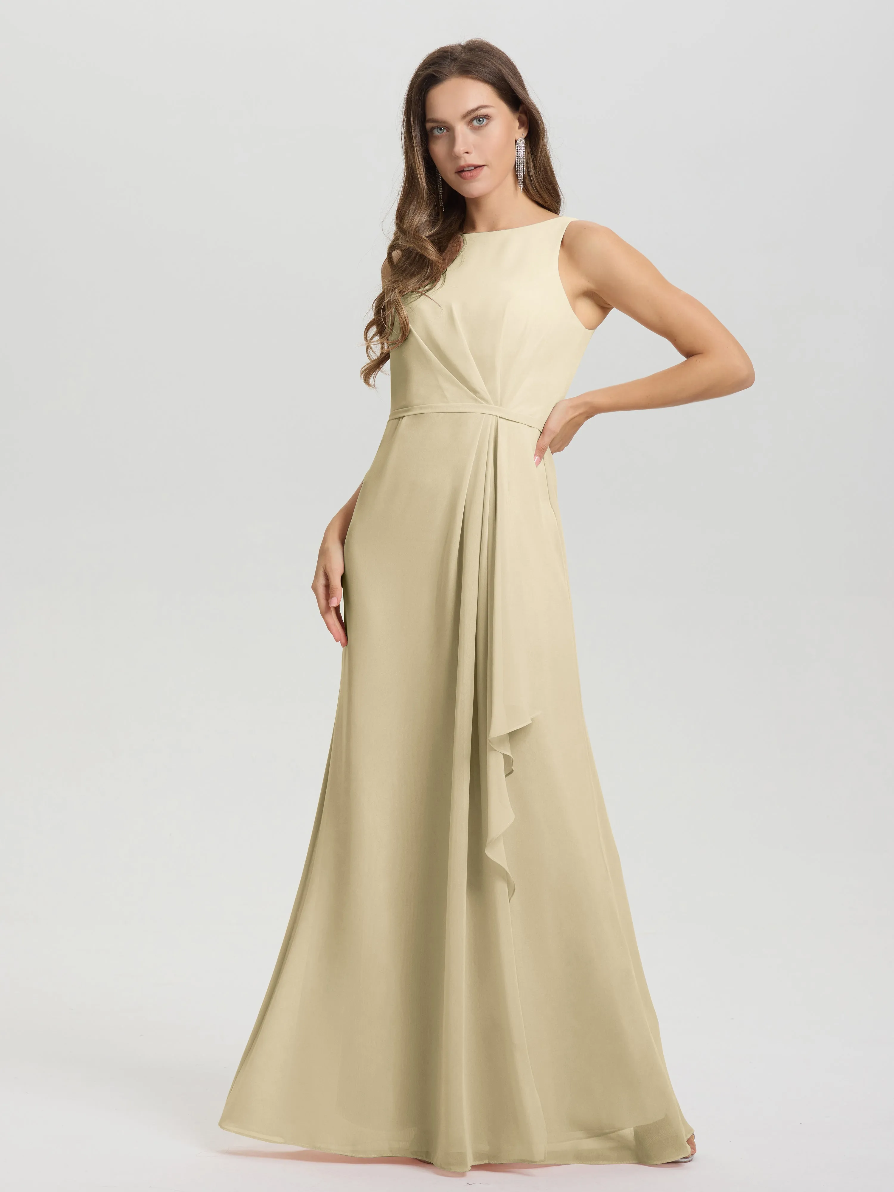 Jewel Sleeveless Ruched Floor Length Split Chiffon Bridesmaid Dresses