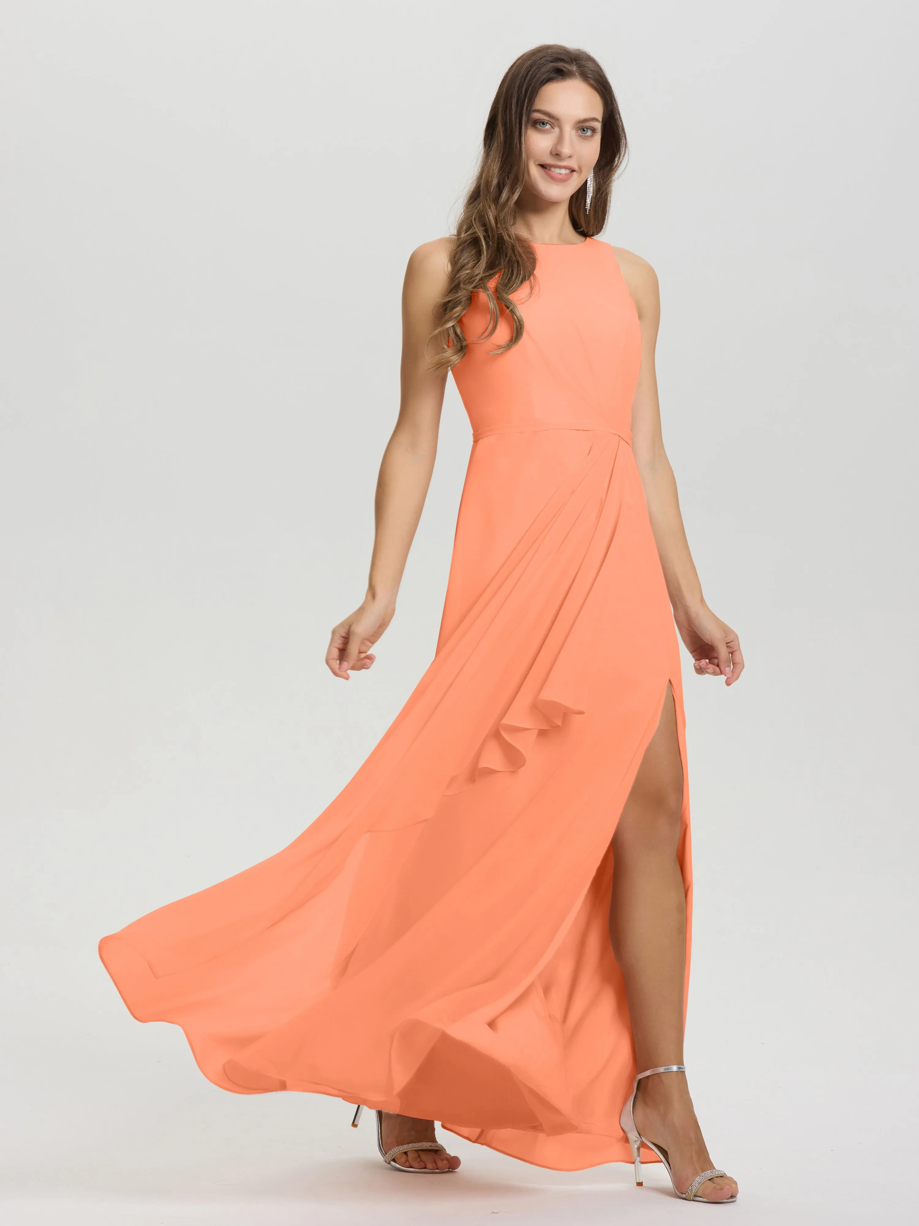 Jewel Sleeveless Ruched Floor Length Split Chiffon Bridesmaid Dresses