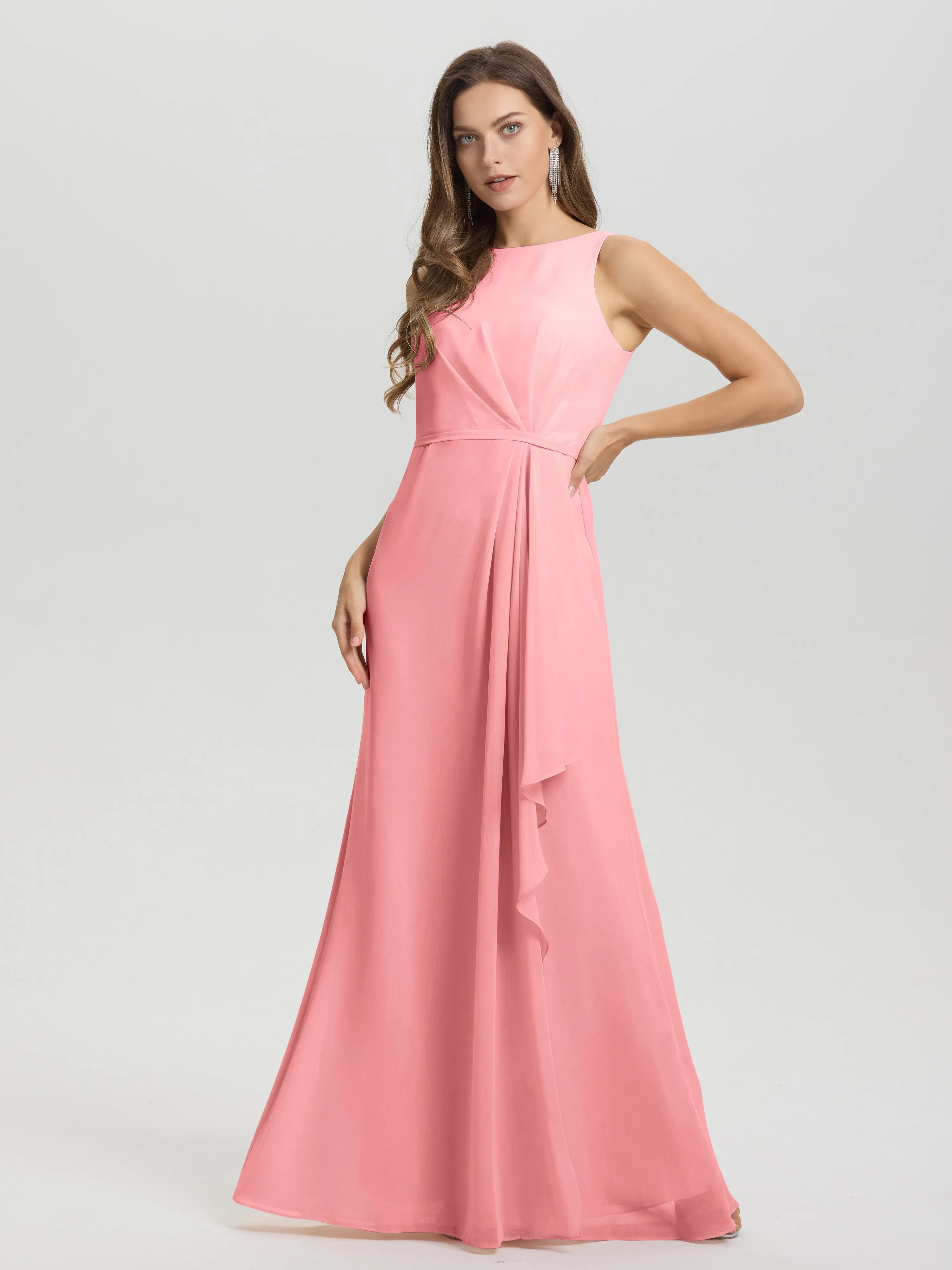 Jewel Sleeveless Ruched Floor Length Split Chiffon Bridesmaid Dresses