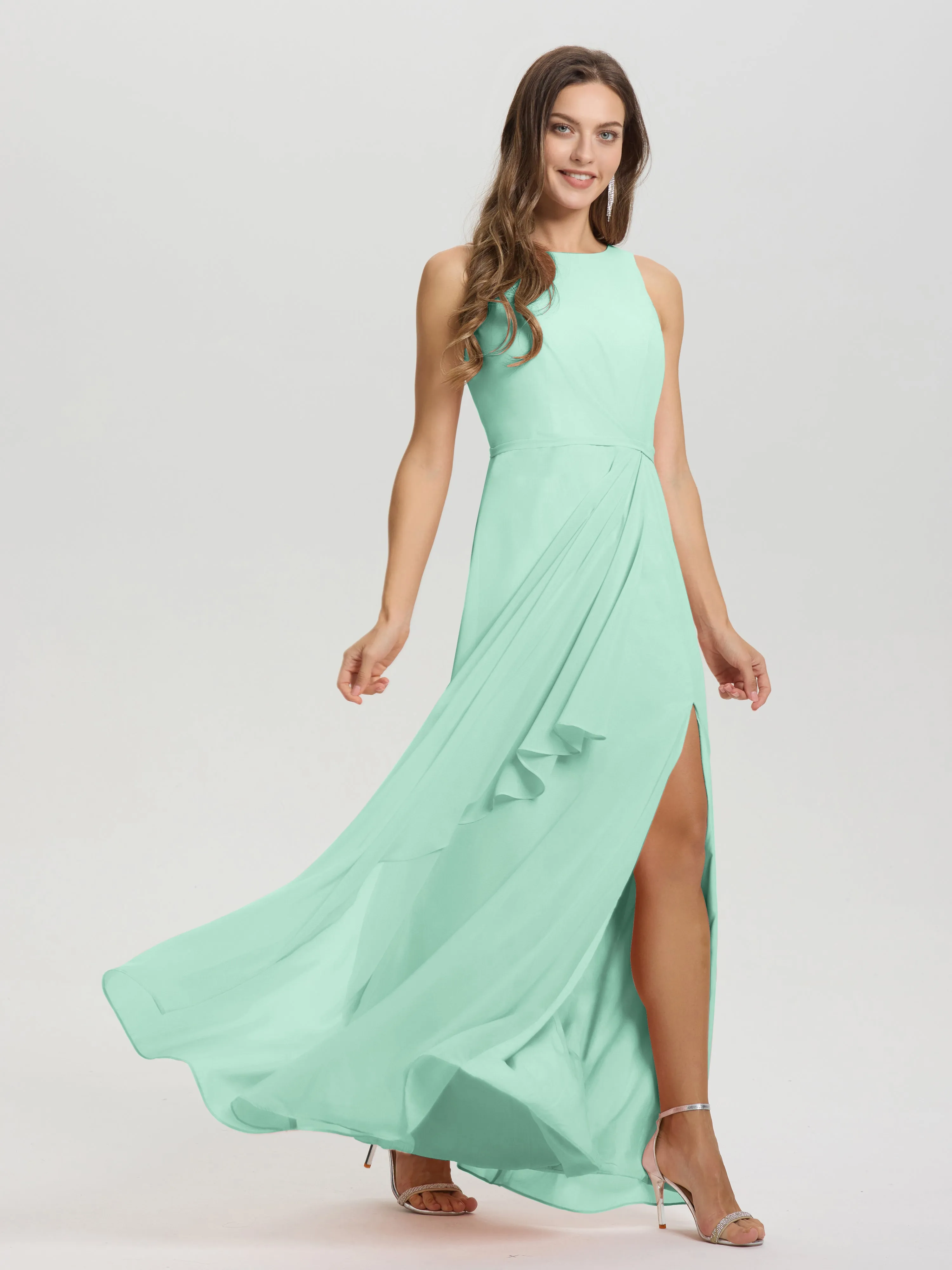 Jewel Sleeveless Ruched Floor Length Split Chiffon Bridesmaid Dresses