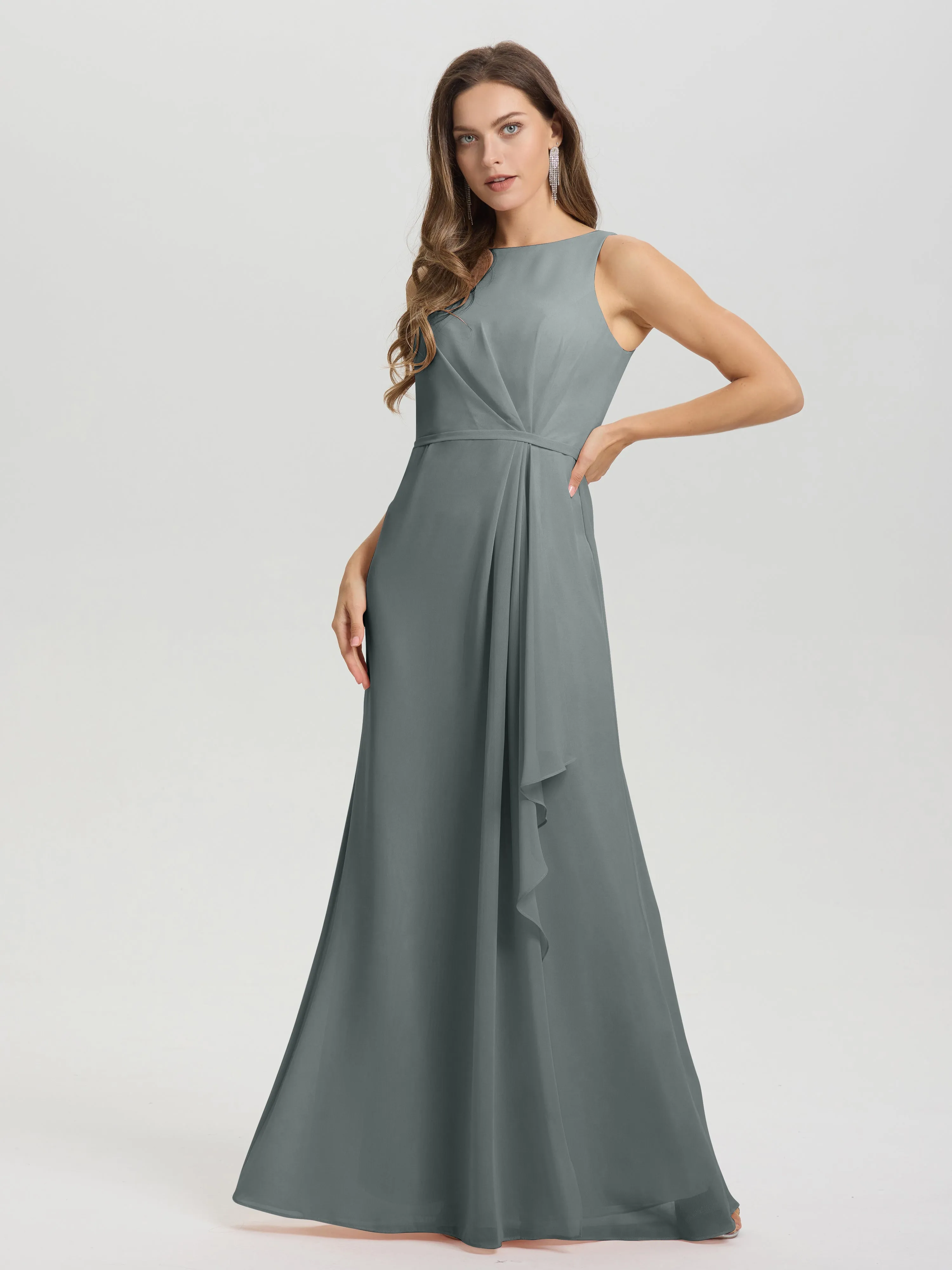 Jewel Sleeveless Ruched Floor Length Split Chiffon Bridesmaid Dresses