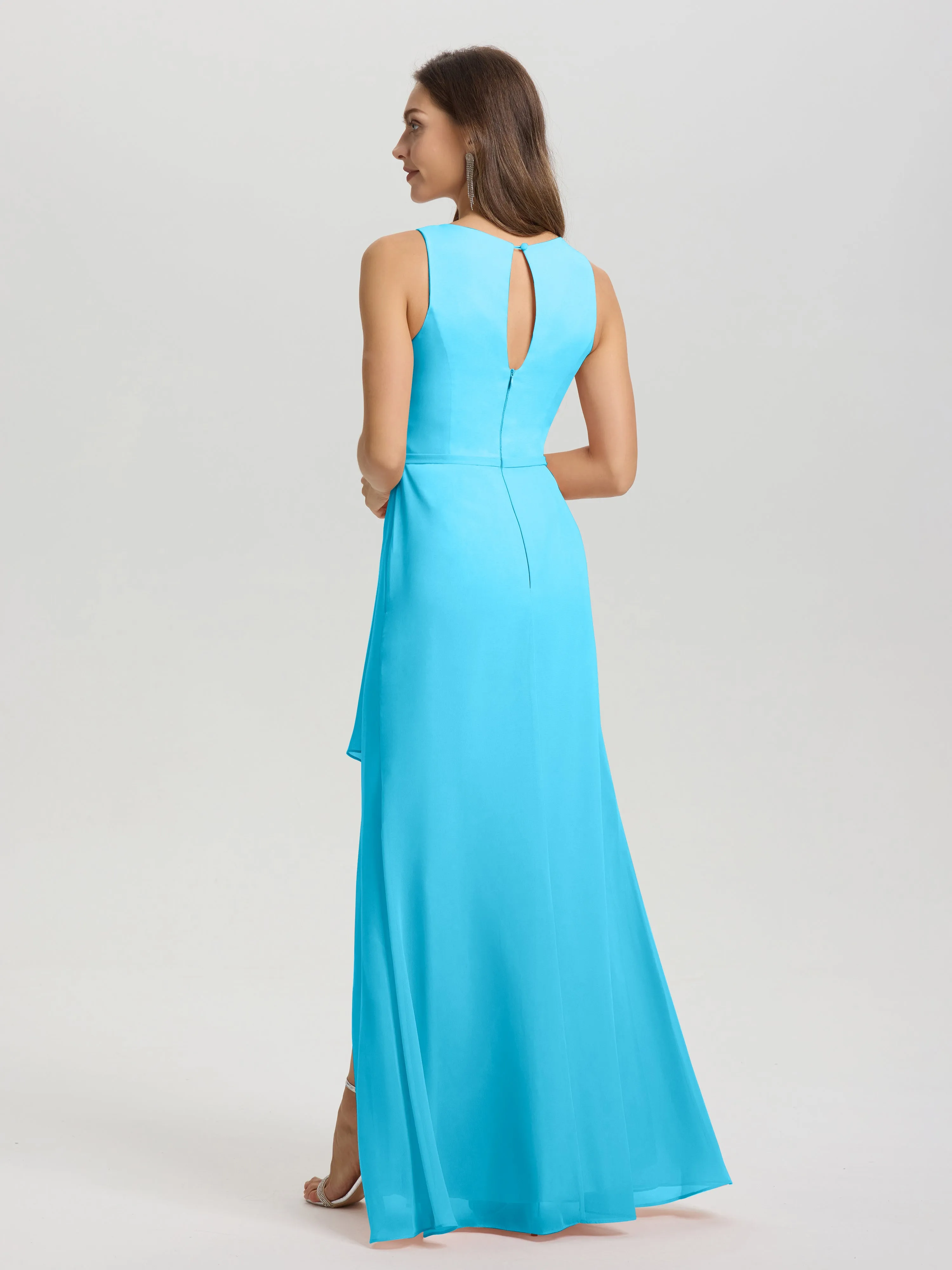 Jewel Sleeveless Ruched Floor Length Split Chiffon Bridesmaid Dresses