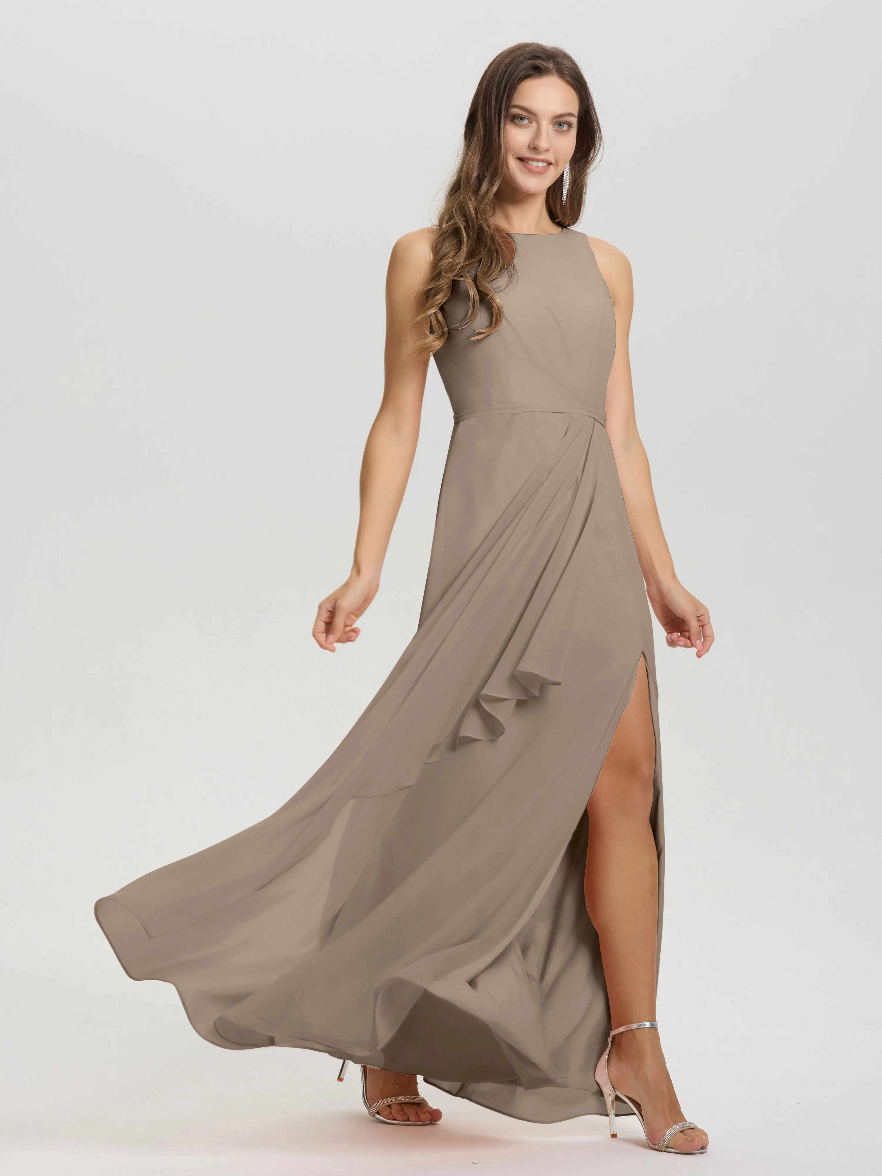 Jewel Sleeveless Ruched Floor Length Split Chiffon Bridesmaid Dresses