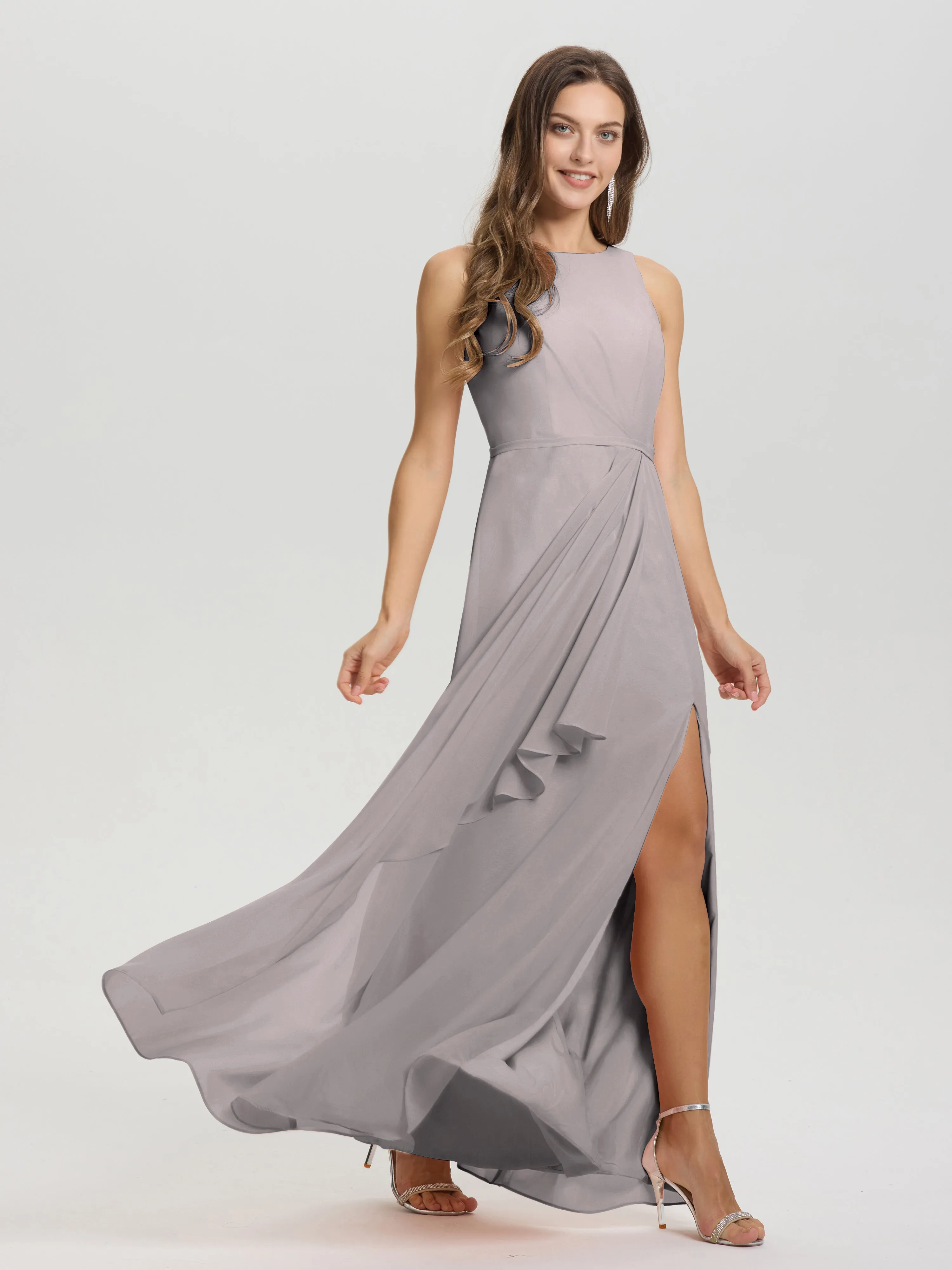 Jewel Sleeveless Ruched Floor Length Split Chiffon Bridesmaid Dresses