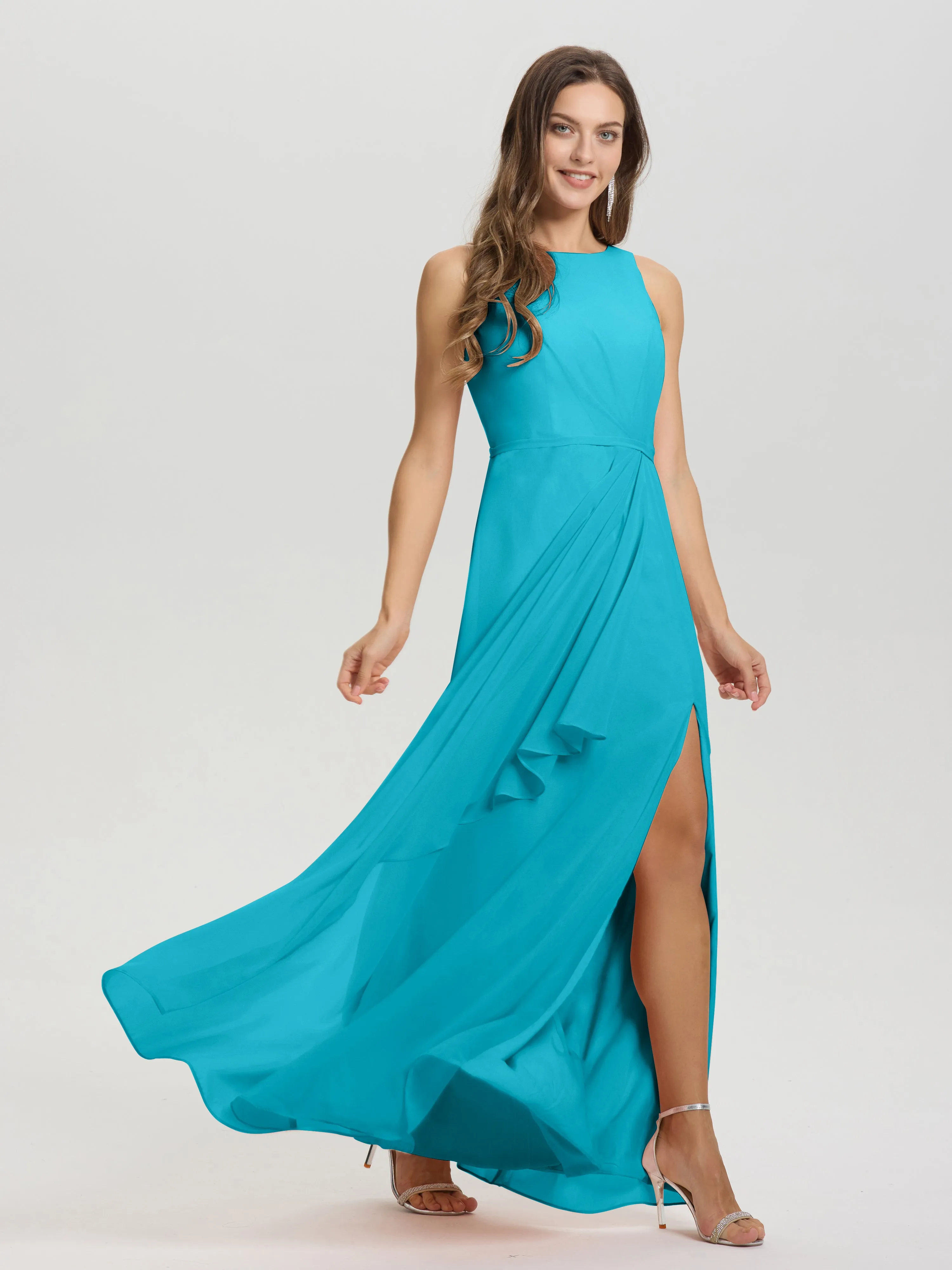 Jewel Sleeveless Ruched Floor Length Split Chiffon Bridesmaid Dresses