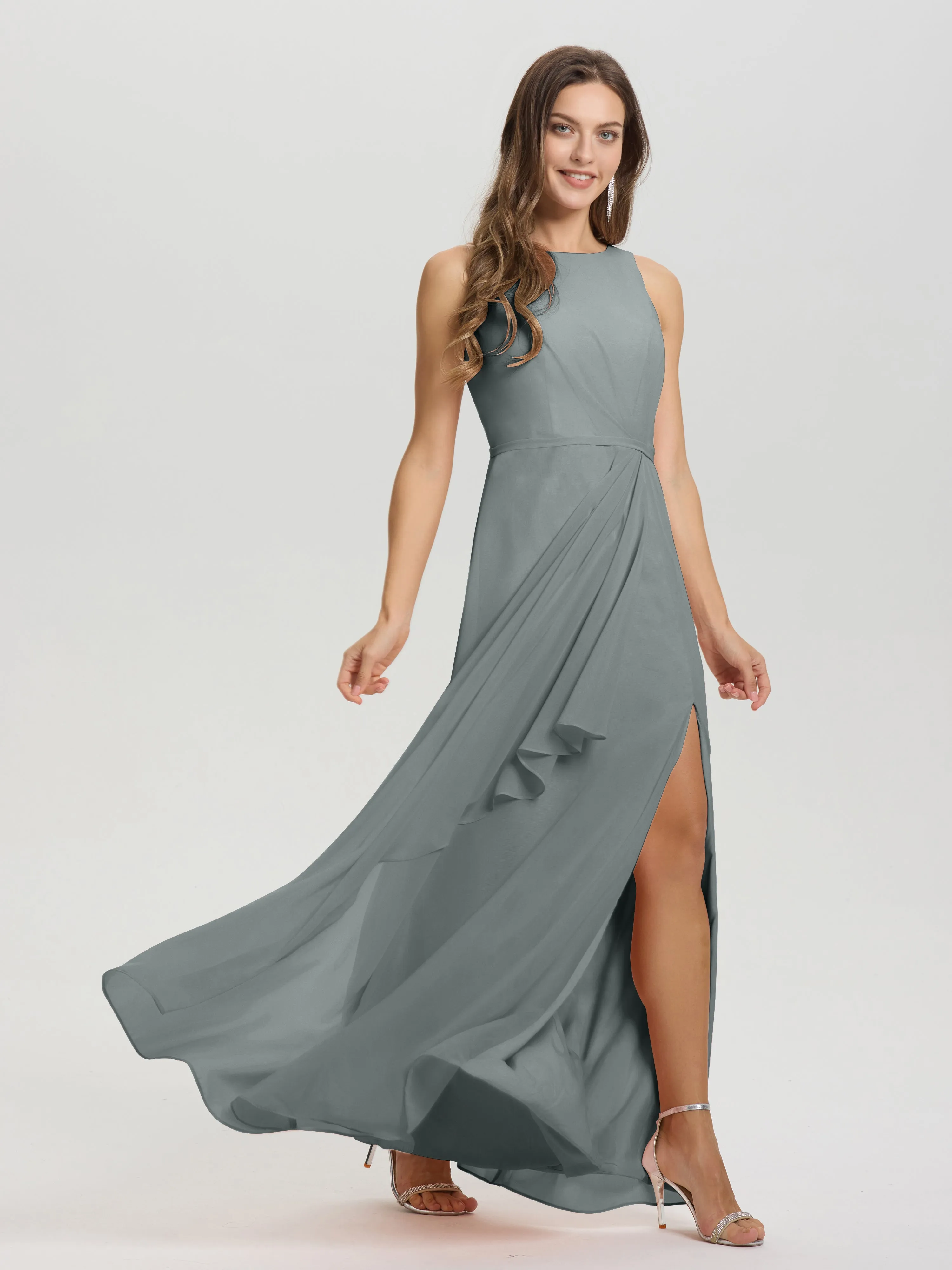 Jewel Sleeveless Ruched Floor Length Split Chiffon Bridesmaid Dresses