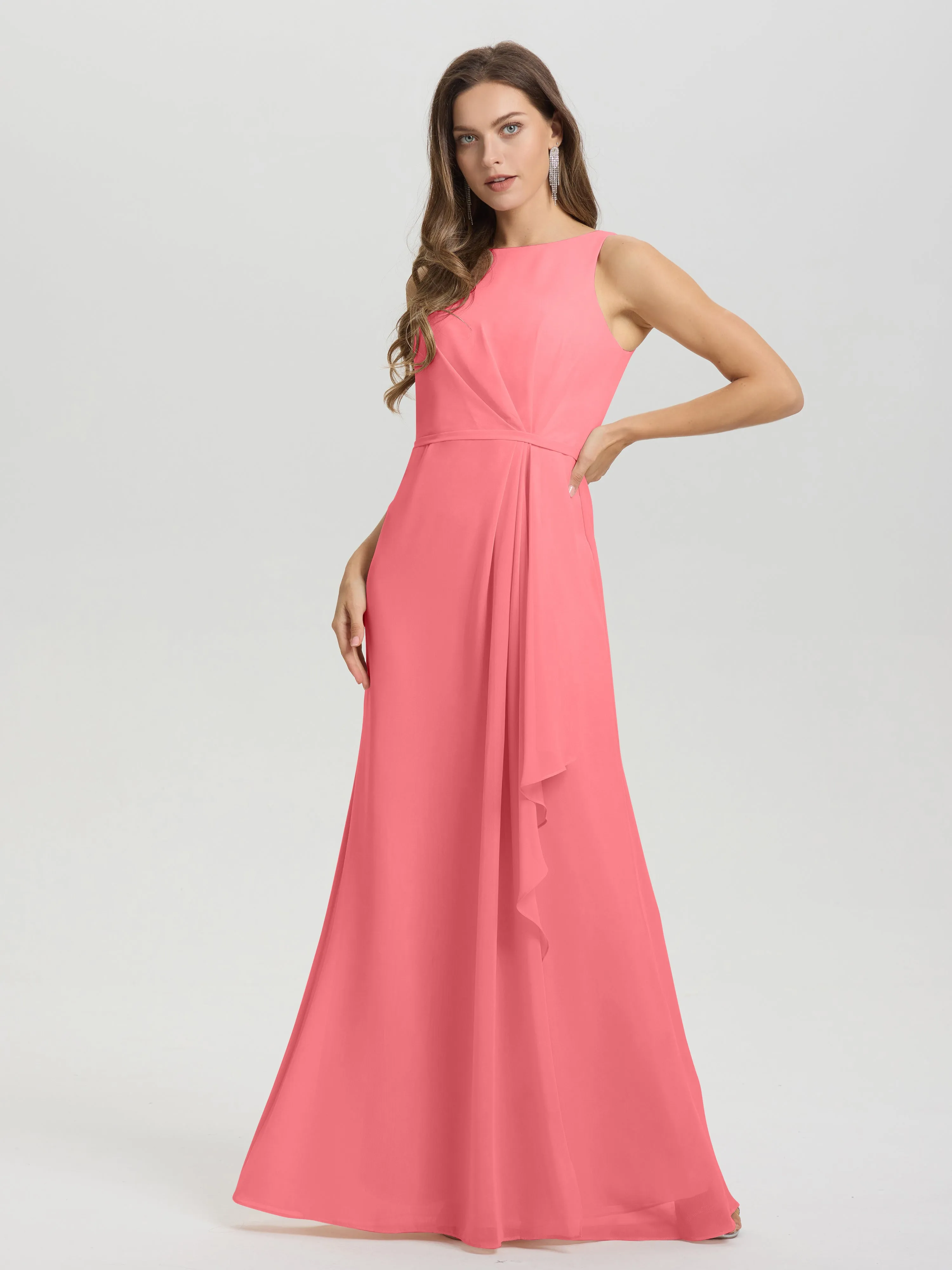 Jewel Sleeveless Ruched Floor Length Split Chiffon Bridesmaid Dresses