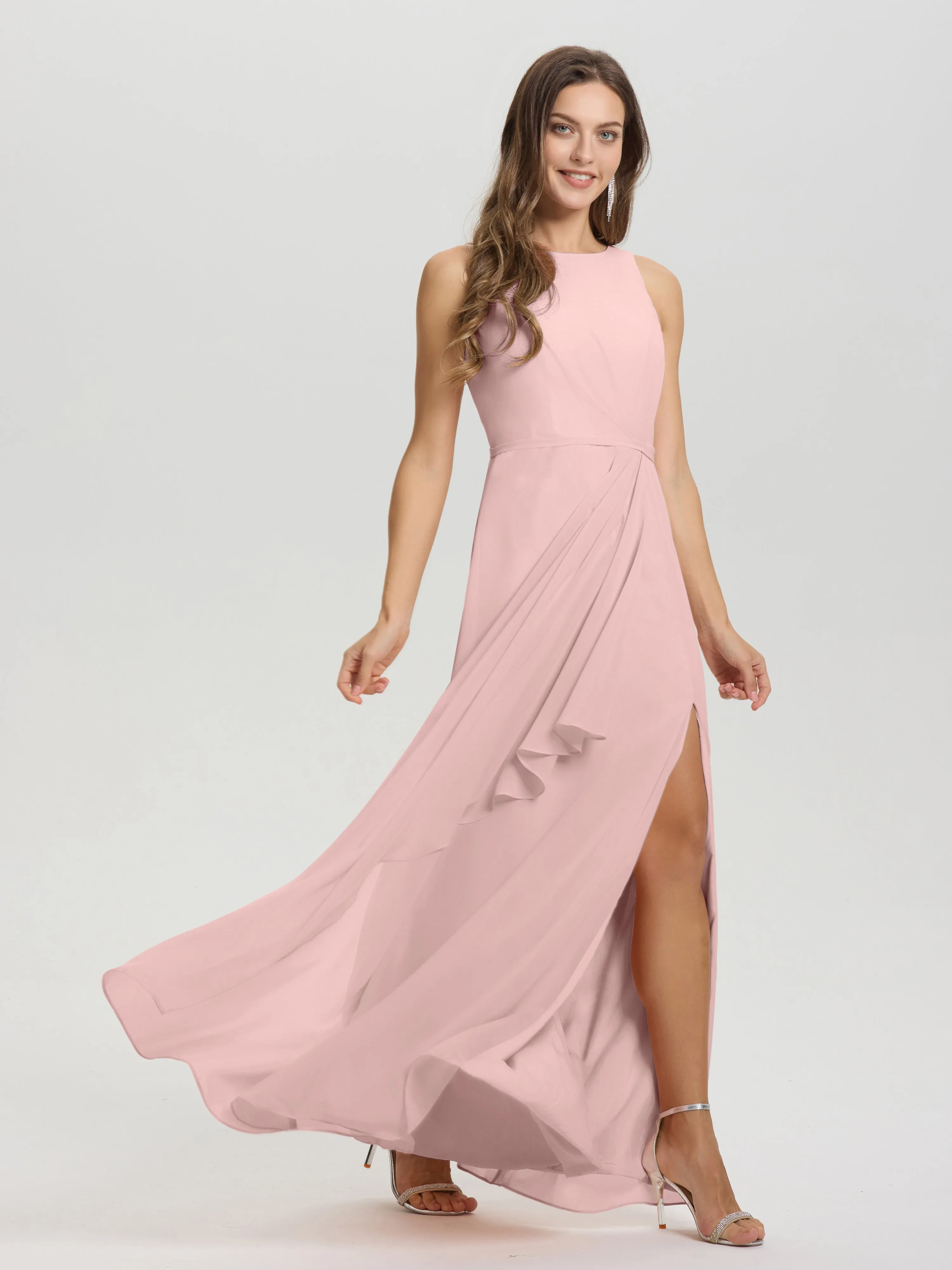 Jewel Sleeveless Ruched Floor Length Split Chiffon Bridesmaid Dresses