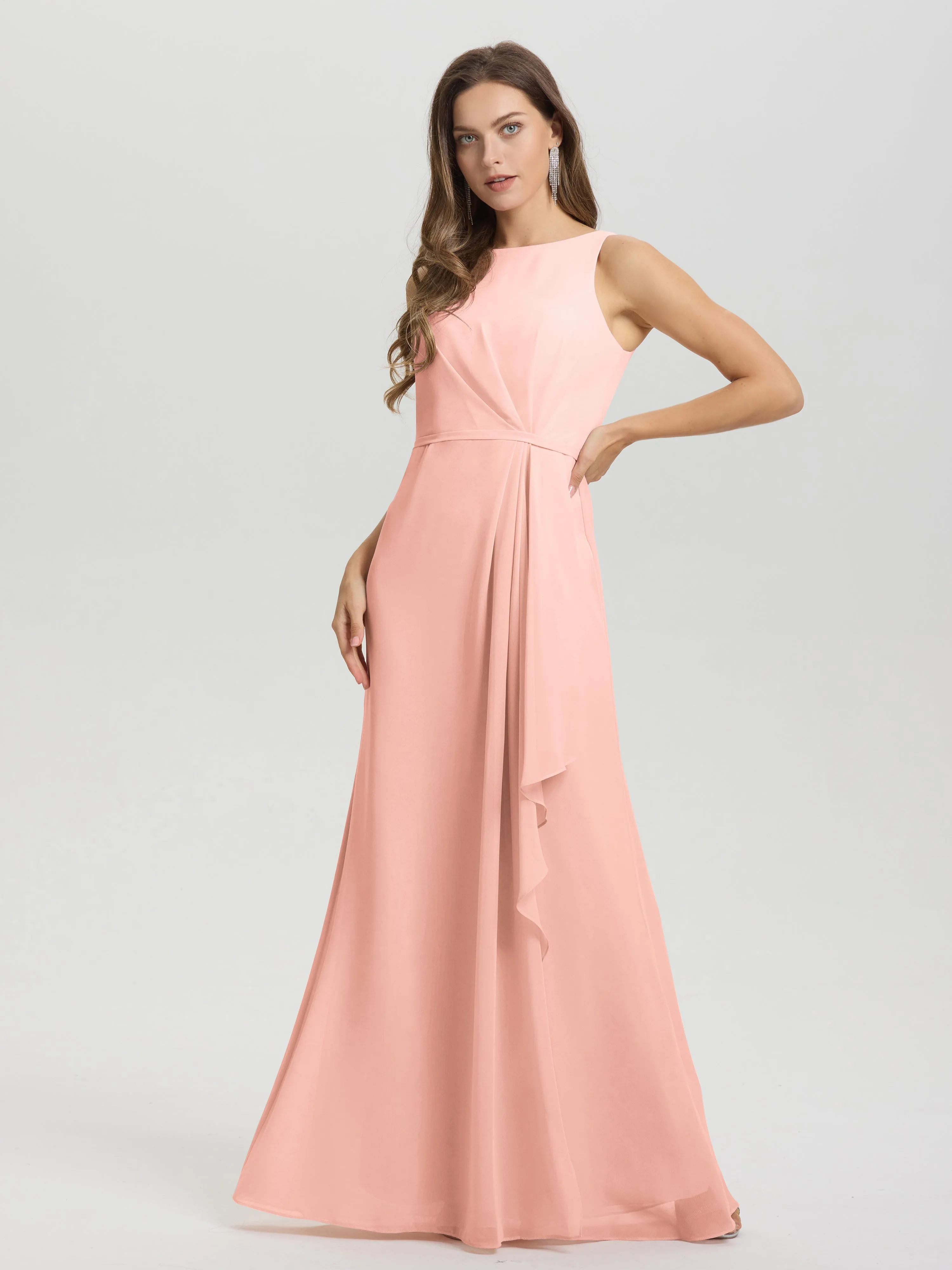 Jewel Sleeveless Ruched Floor Length Split Chiffon Bridesmaid Dresses