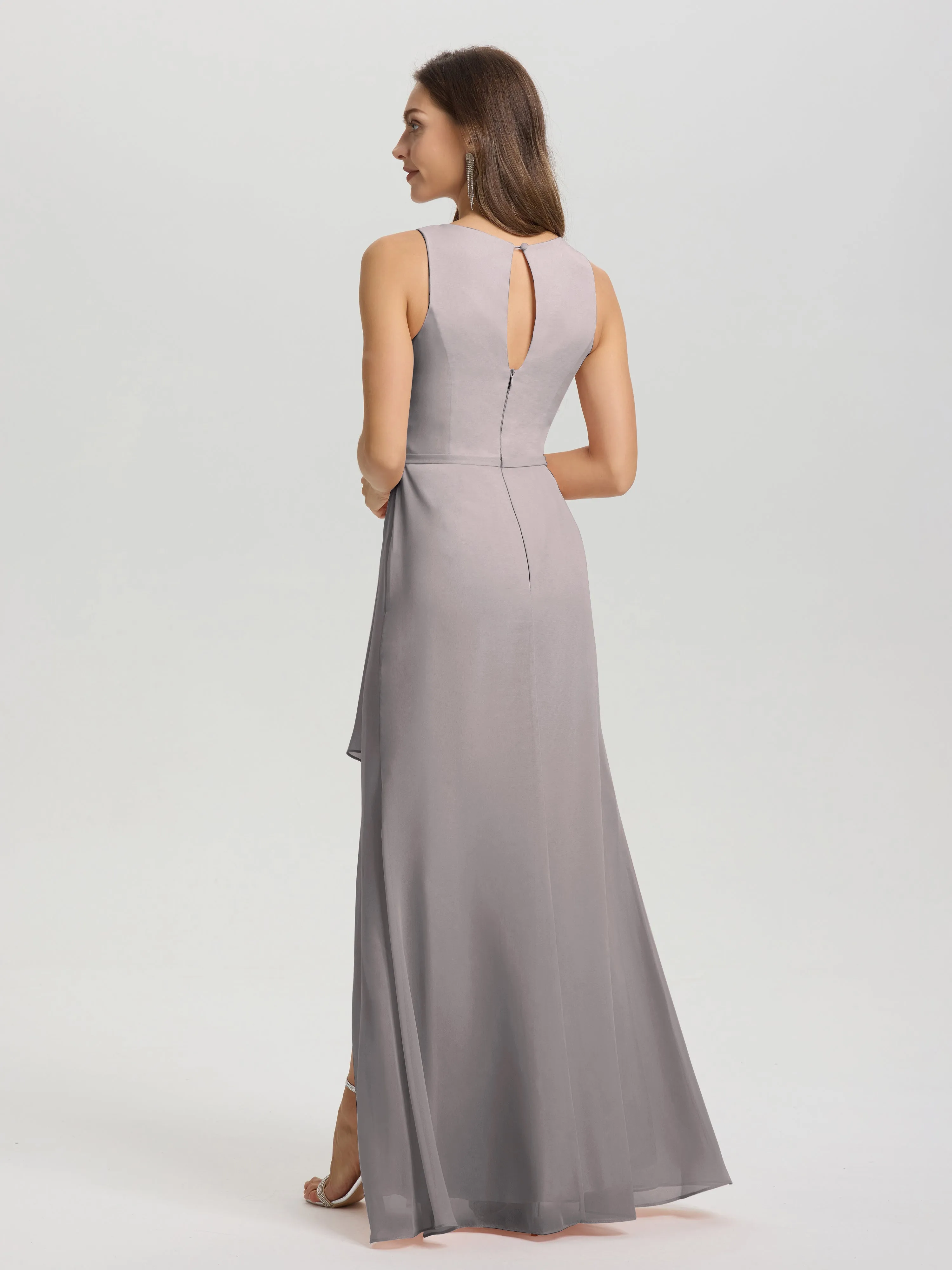 Jewel Sleeveless Ruched Floor Length Split Chiffon Bridesmaid Dresses