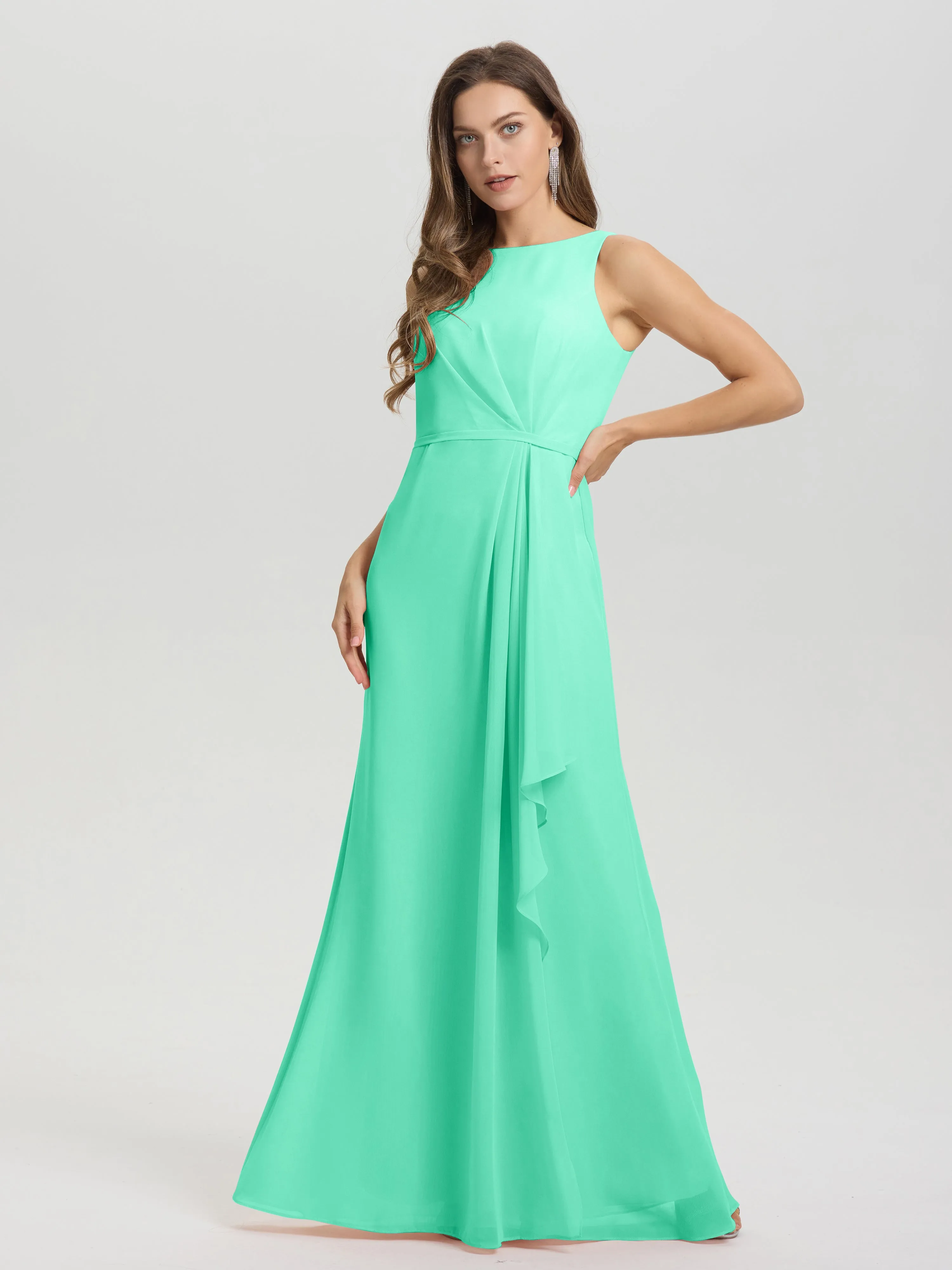 Jewel Sleeveless Ruched Floor Length Split Chiffon Bridesmaid Dresses