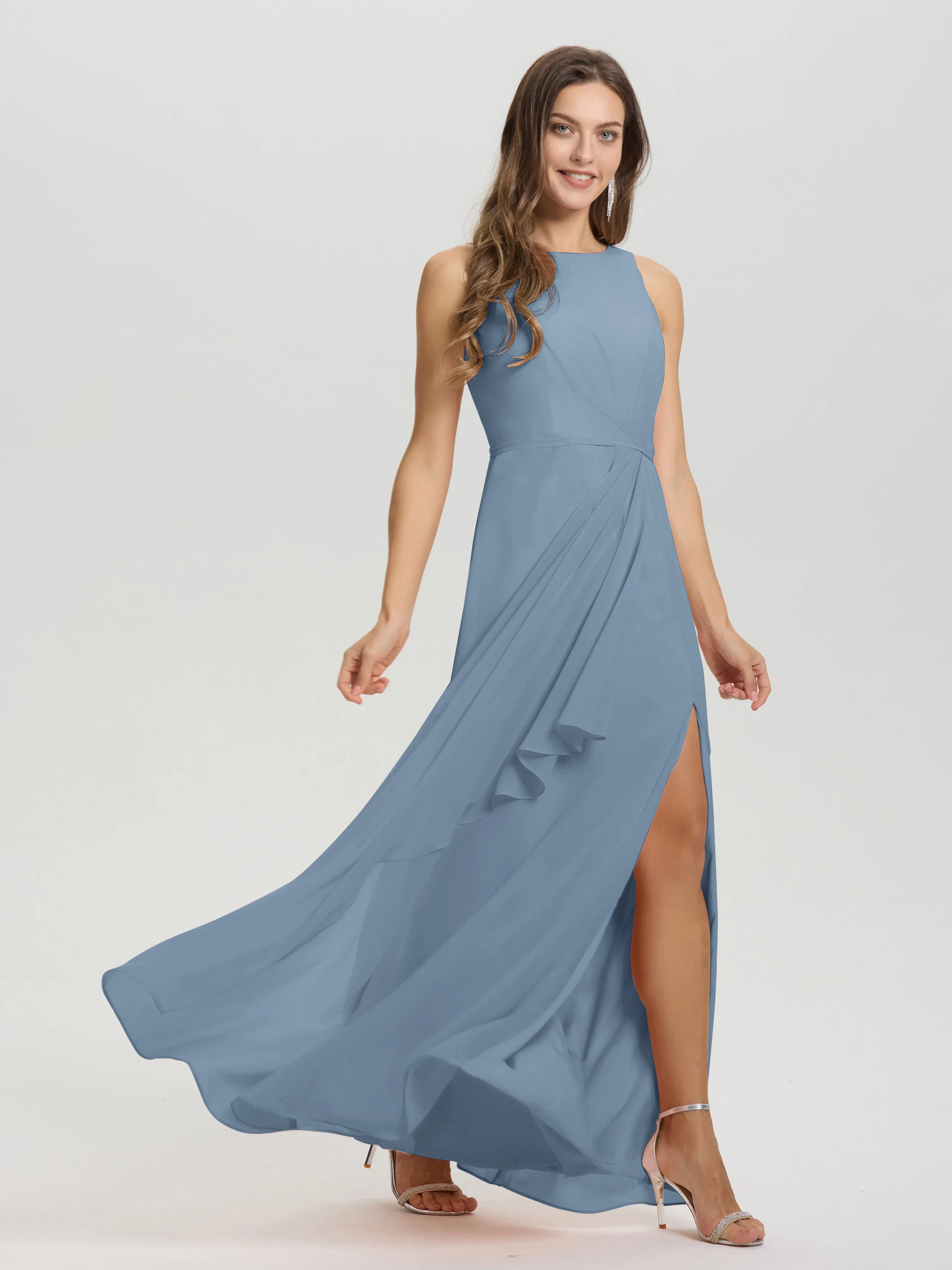 Jewel Sleeveless Ruched Floor Length Split Chiffon Bridesmaid Dresses