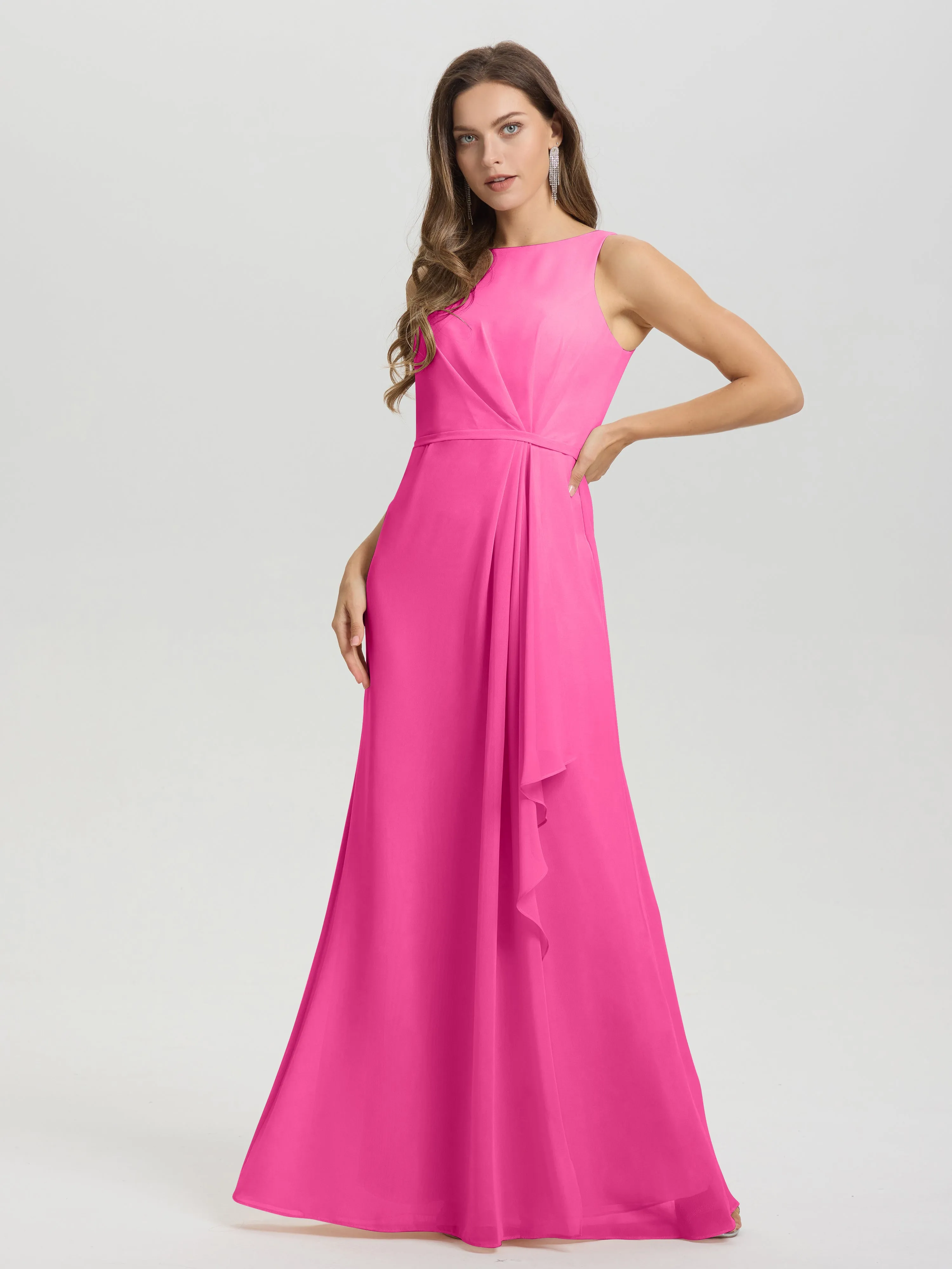 Jewel Sleeveless Ruched Floor Length Split Chiffon Bridesmaid Dresses