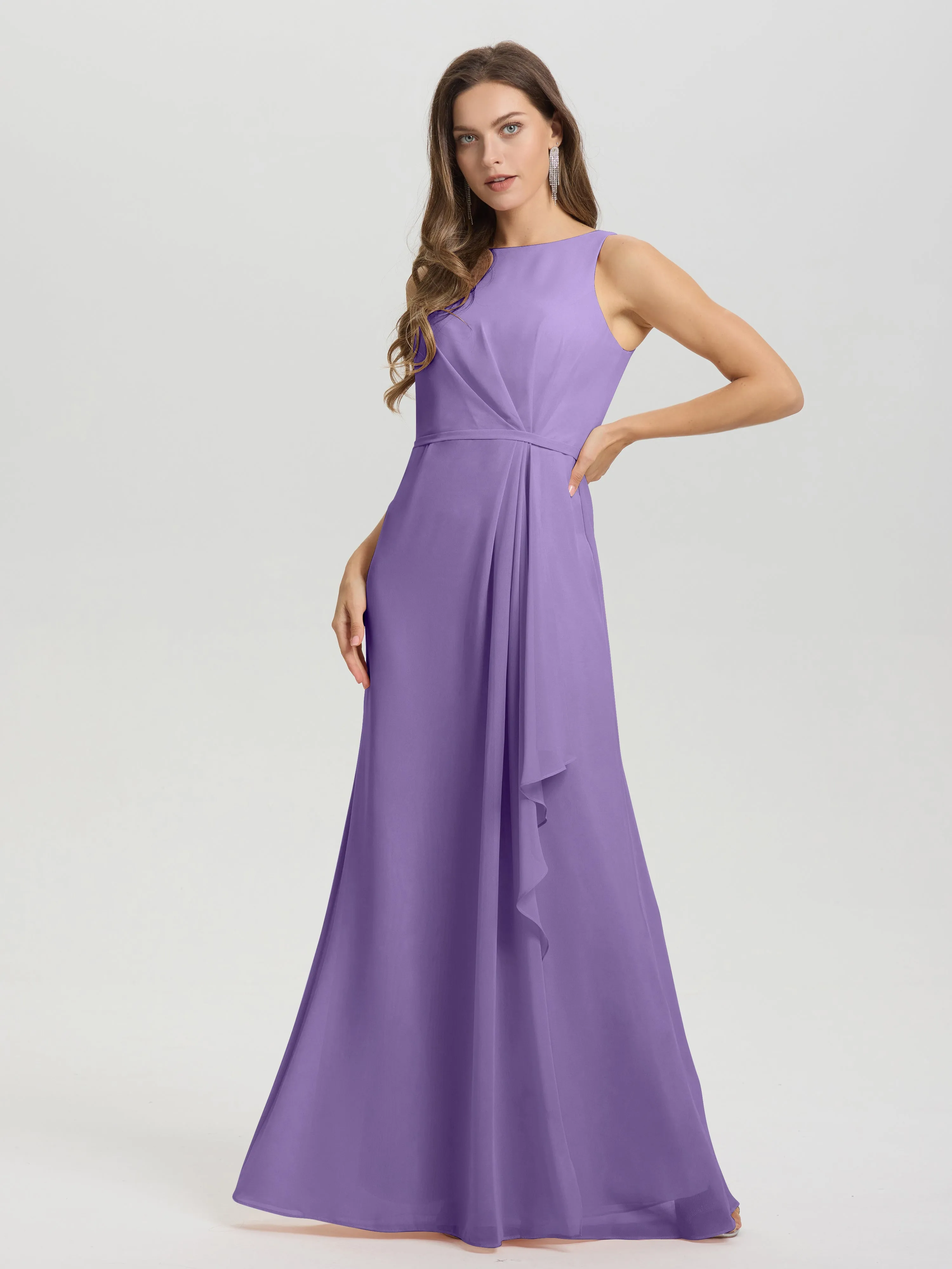 Jewel Sleeveless Ruched Floor Length Split Chiffon Bridesmaid Dresses