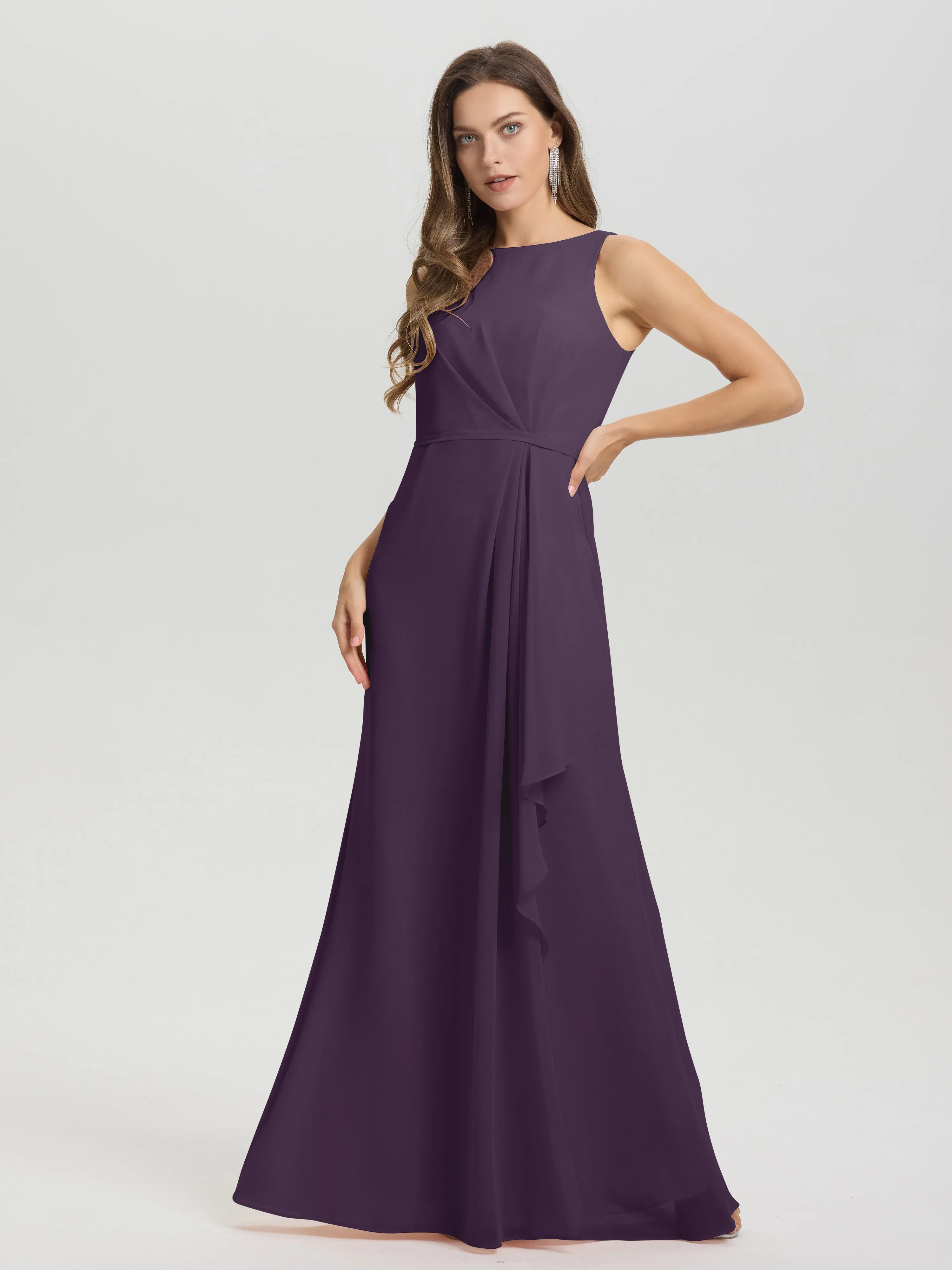 Jewel Sleeveless Ruched Floor Length Split Chiffon Bridesmaid Dresses