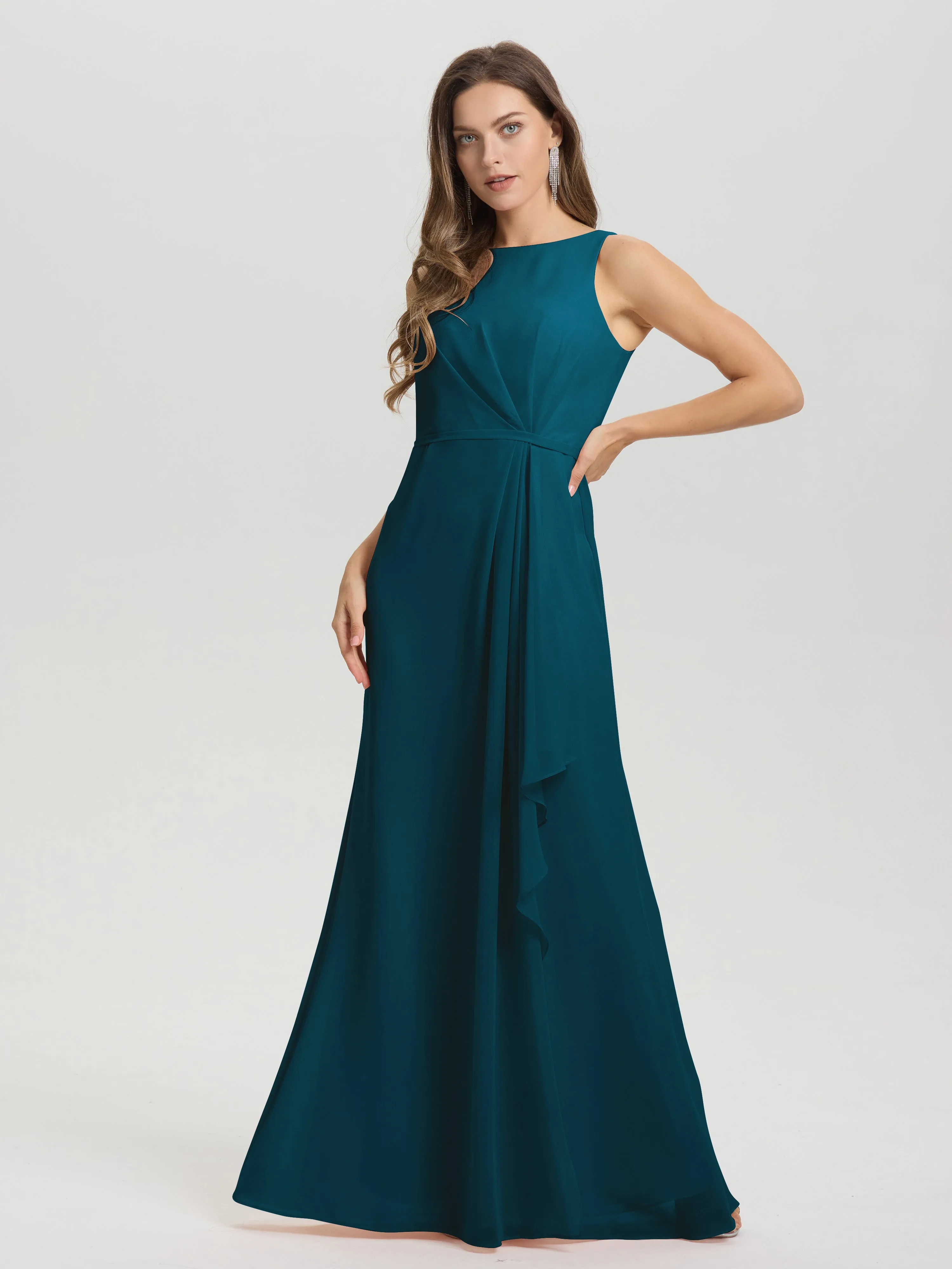 Jewel Sleeveless Ruched Floor Length Split Chiffon Bridesmaid Dresses