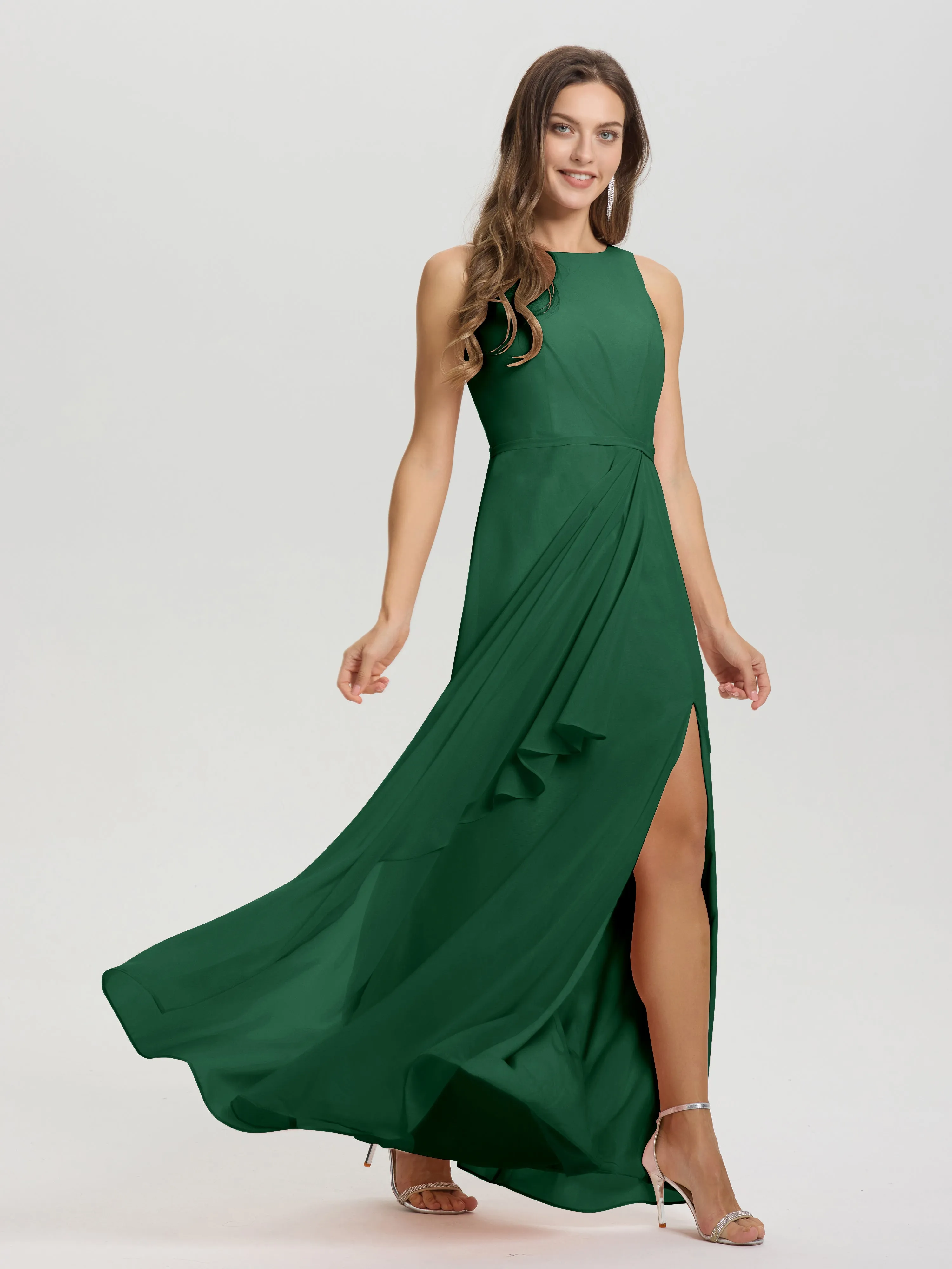 Jewel Sleeveless Ruched Floor Length Split Chiffon Bridesmaid Dresses