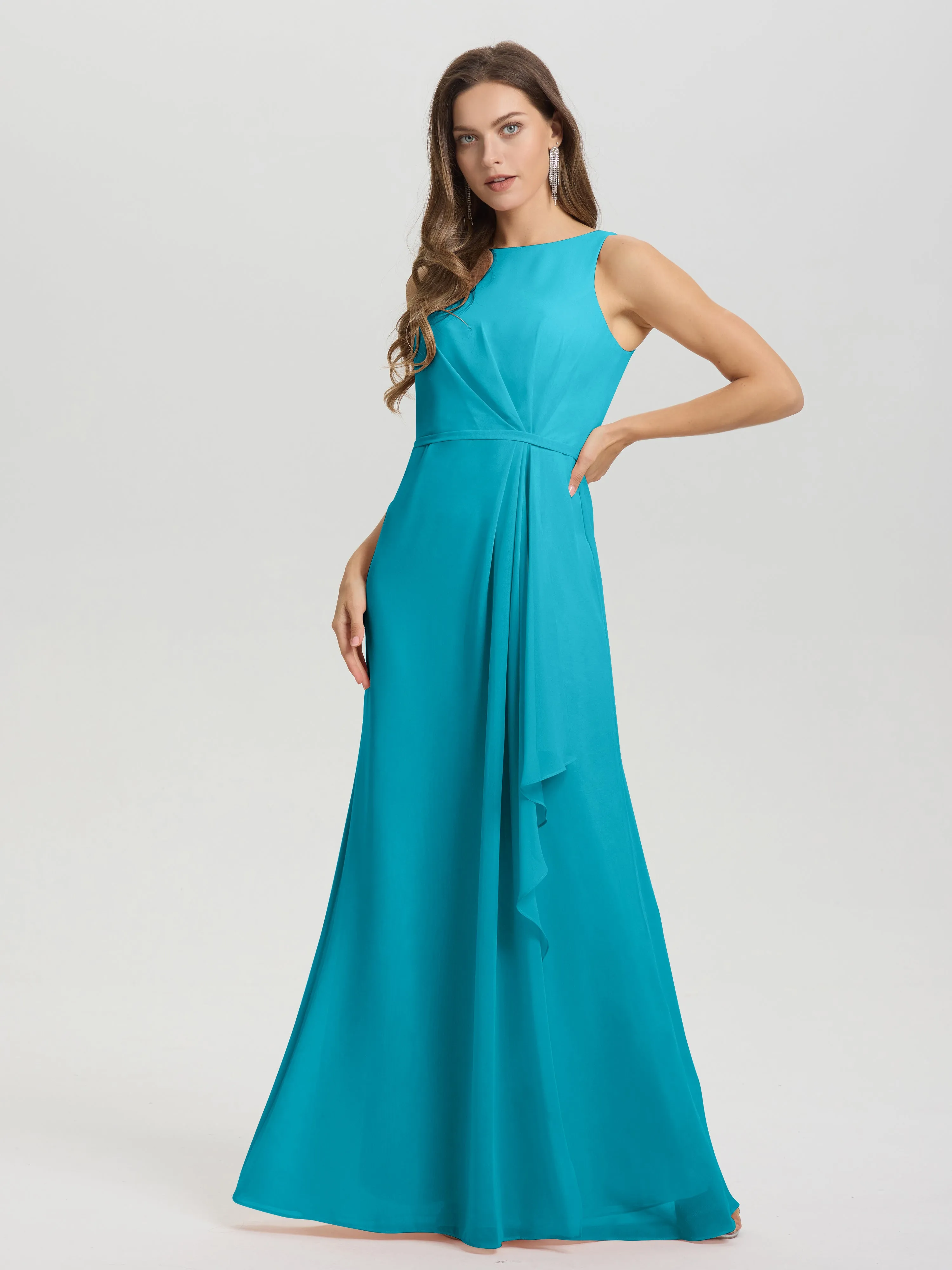 Jewel Sleeveless Ruched Floor Length Split Chiffon Bridesmaid Dresses