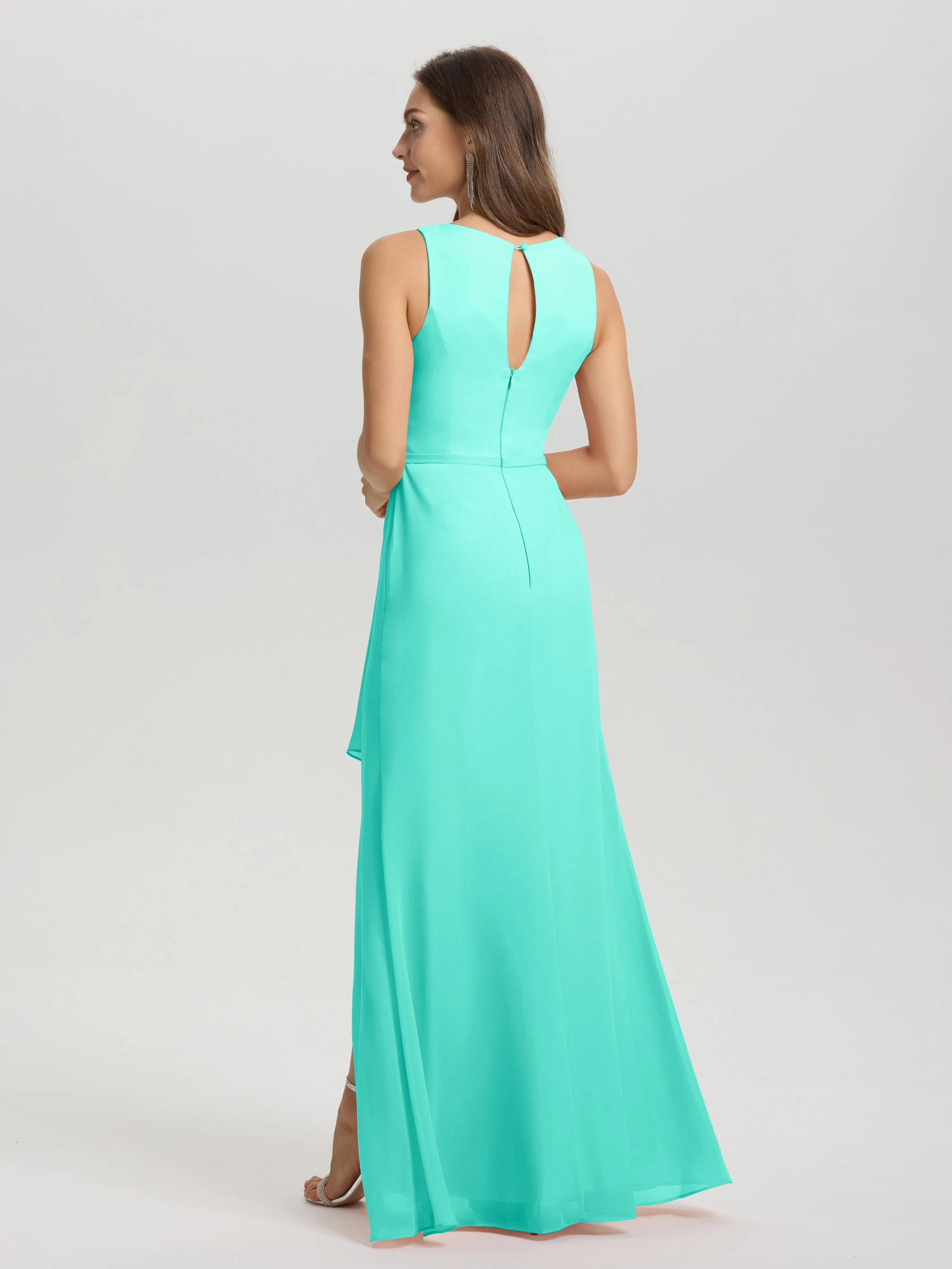 Jewel Sleeveless Ruched Floor Length Split Chiffon Bridesmaid Dresses