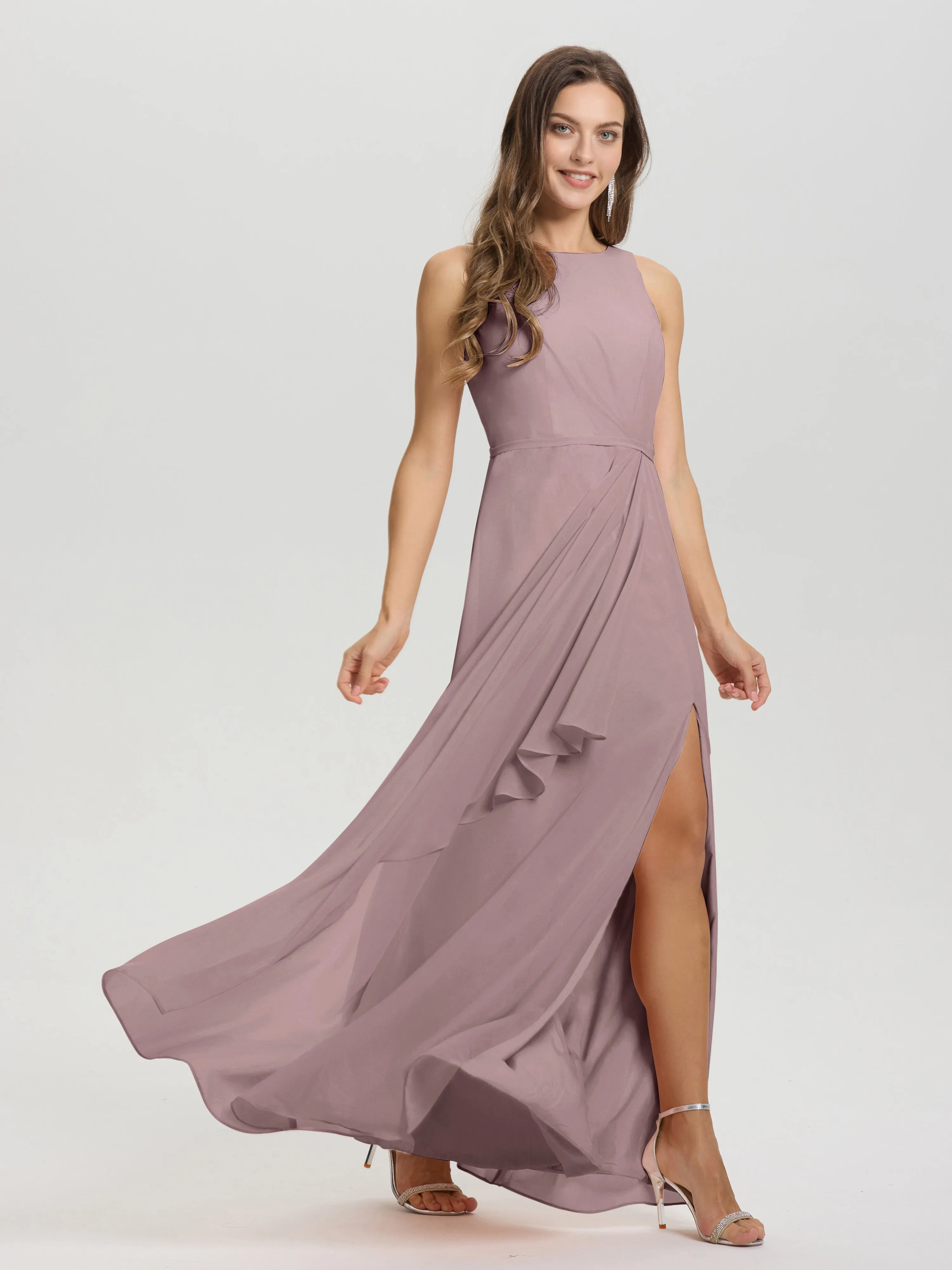 Jewel Sleeveless Ruched Floor Length Split Chiffon Bridesmaid Dresses