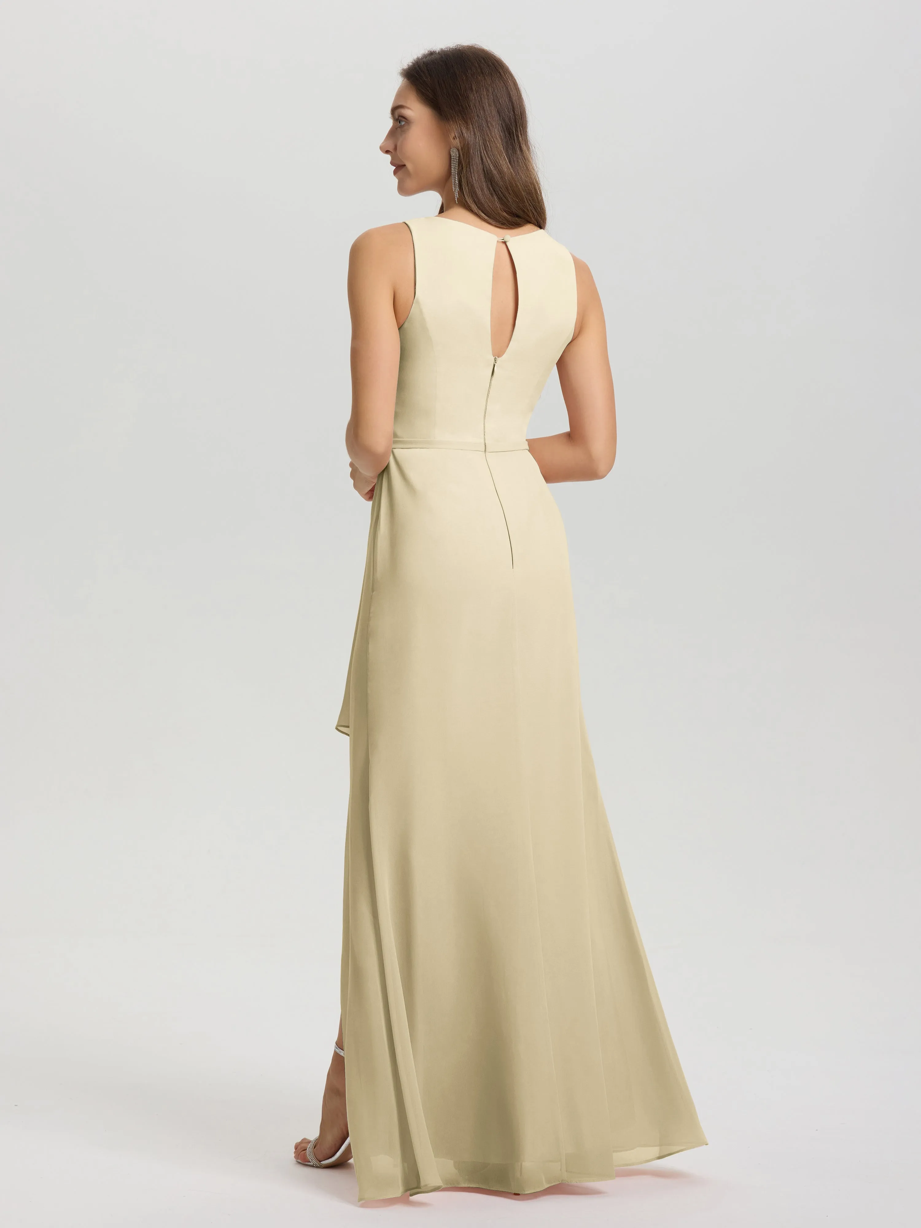 Jewel Sleeveless Ruched Floor Length Split Chiffon Bridesmaid Dresses