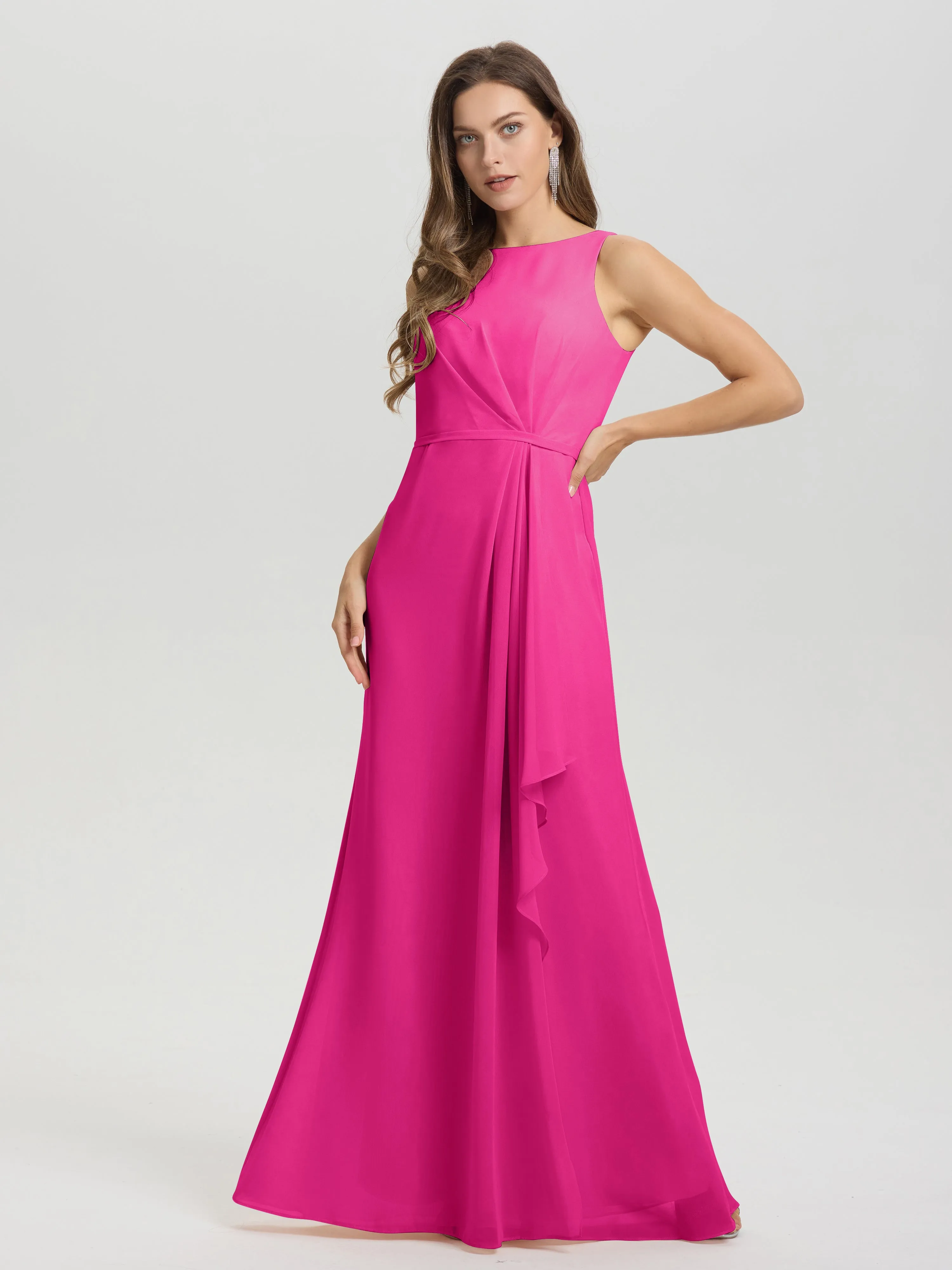 Jewel Sleeveless Ruched Floor Length Split Chiffon Bridesmaid Dresses