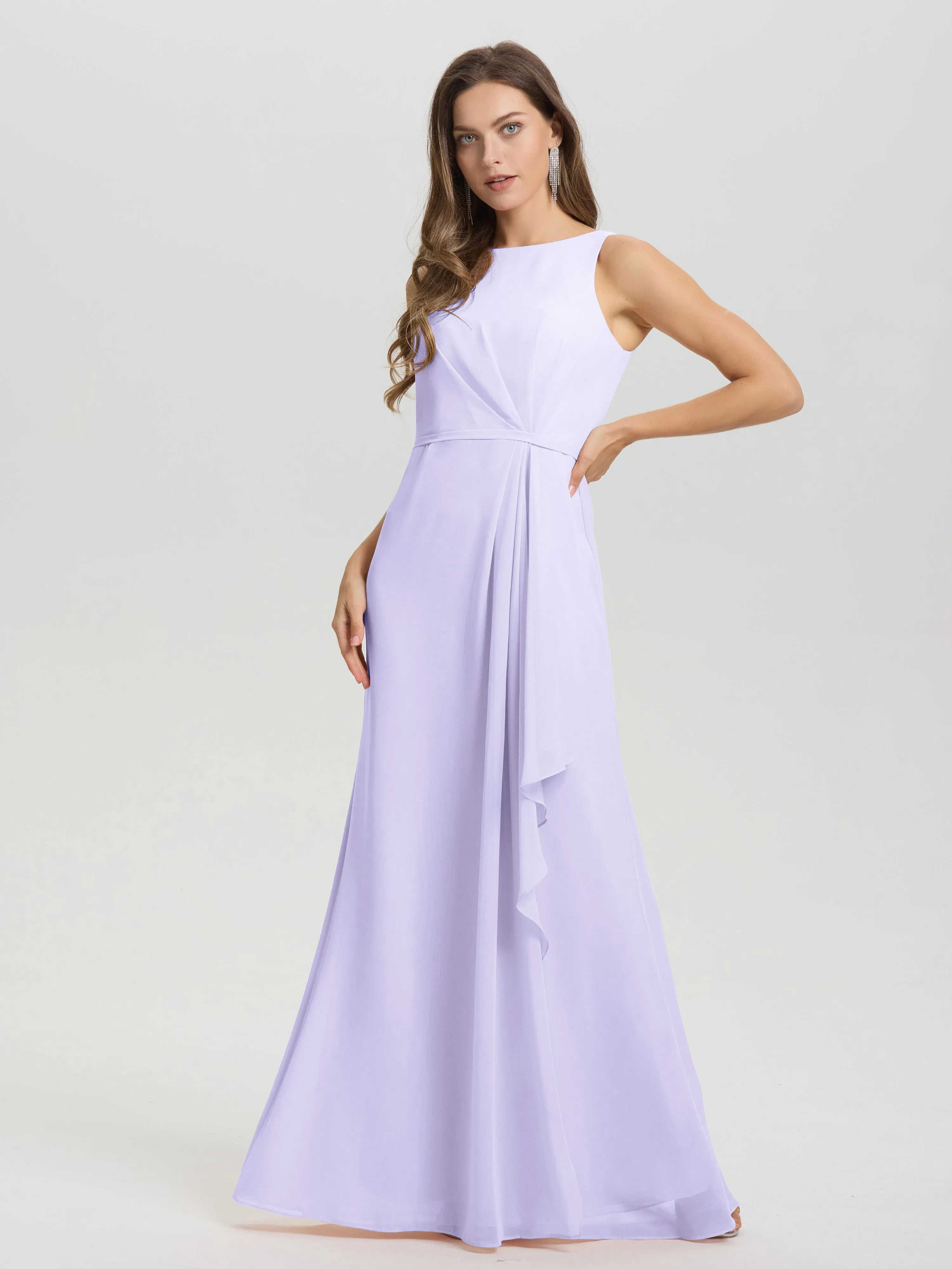 Jewel Sleeveless Ruched Floor Length Split Chiffon Bridesmaid Dresses