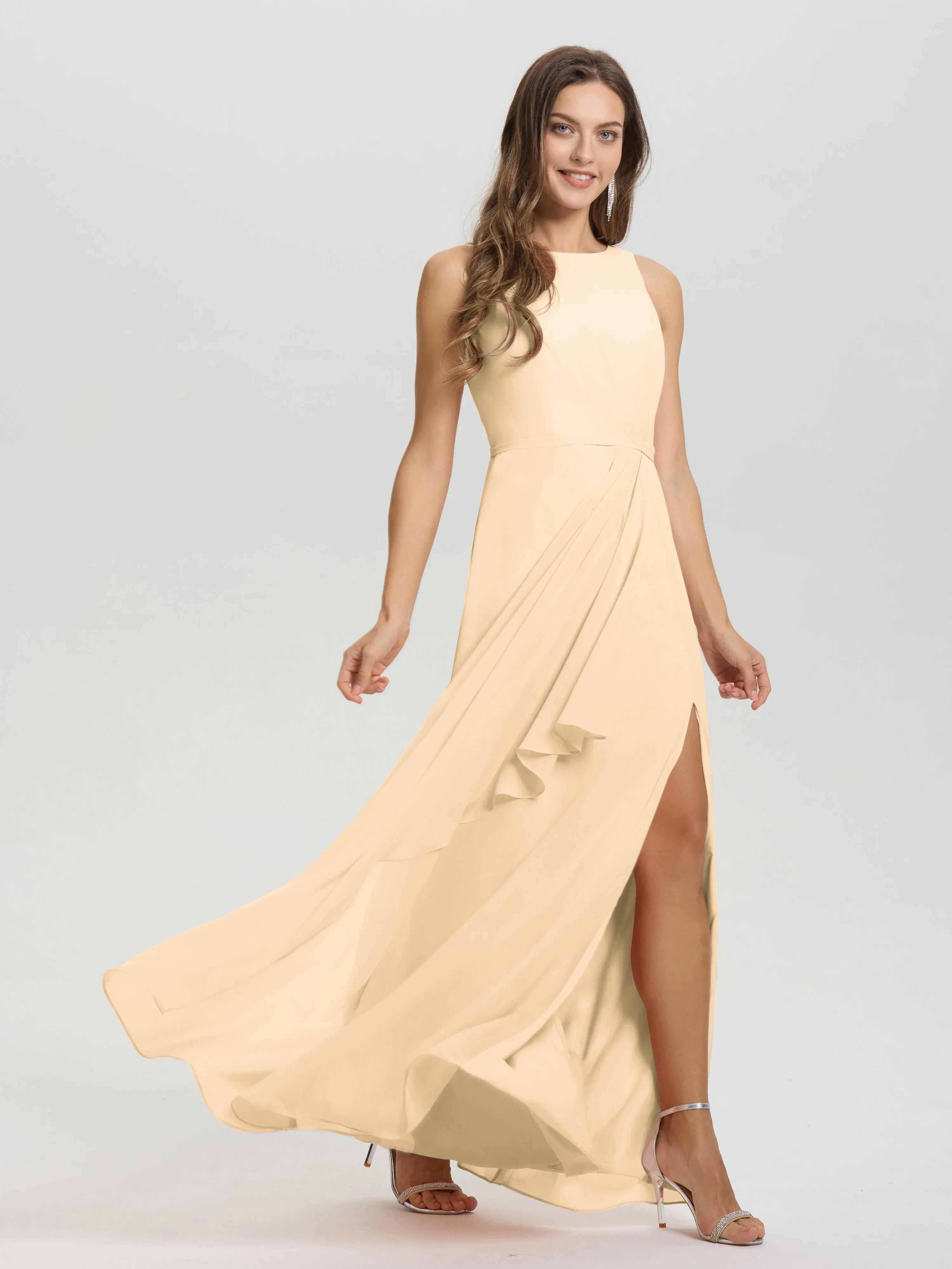 Jewel Sleeveless Ruched Floor Length Split Chiffon Bridesmaid Dresses