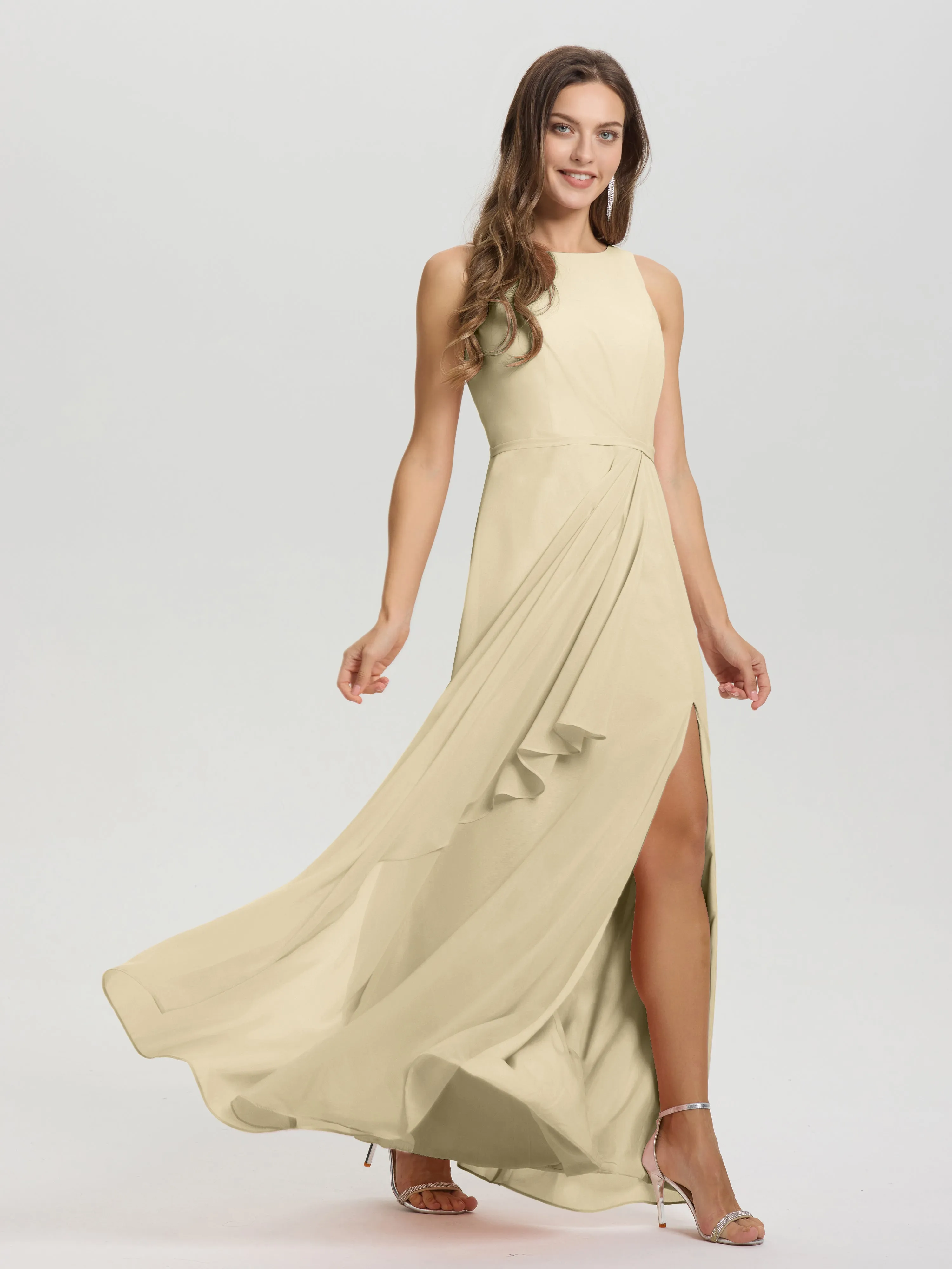 Jewel Sleeveless Ruched Floor Length Split Chiffon Bridesmaid Dresses