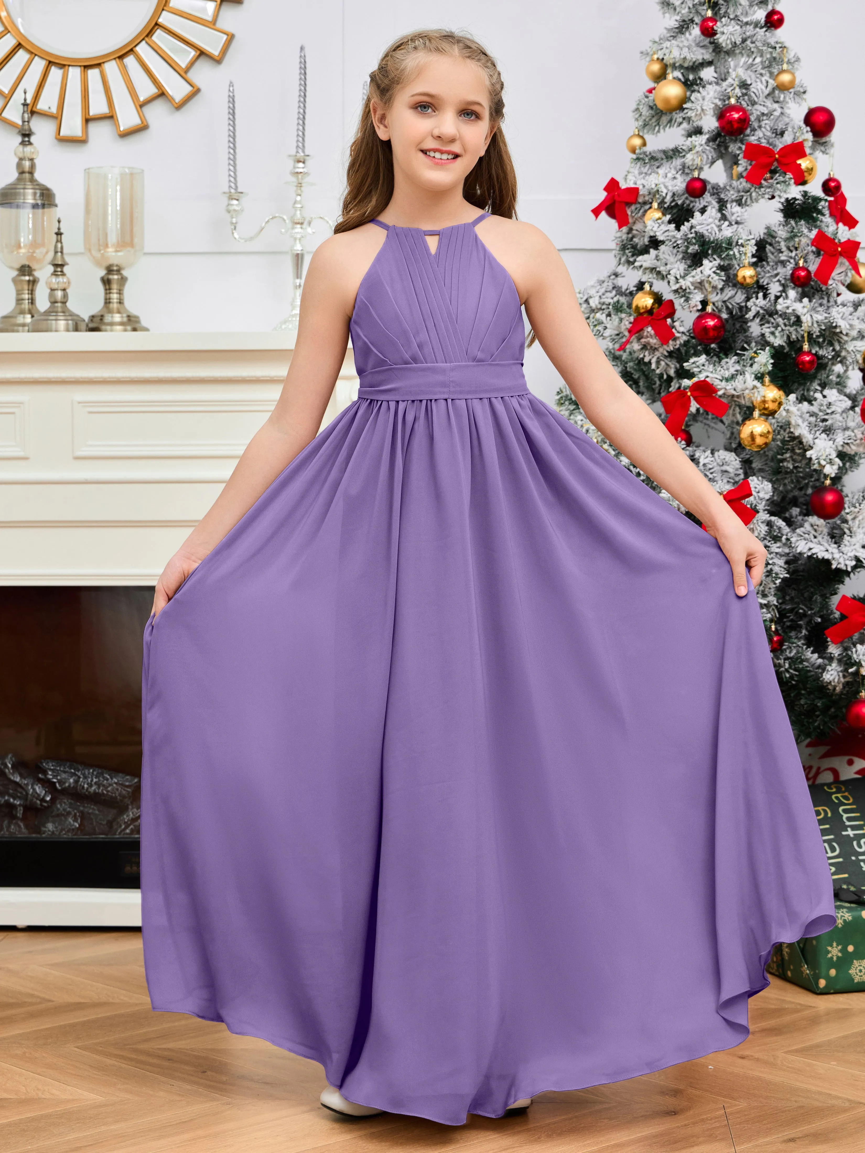 Jewel Zipper Back Long Chiffon Junior Bridesmaid Dress