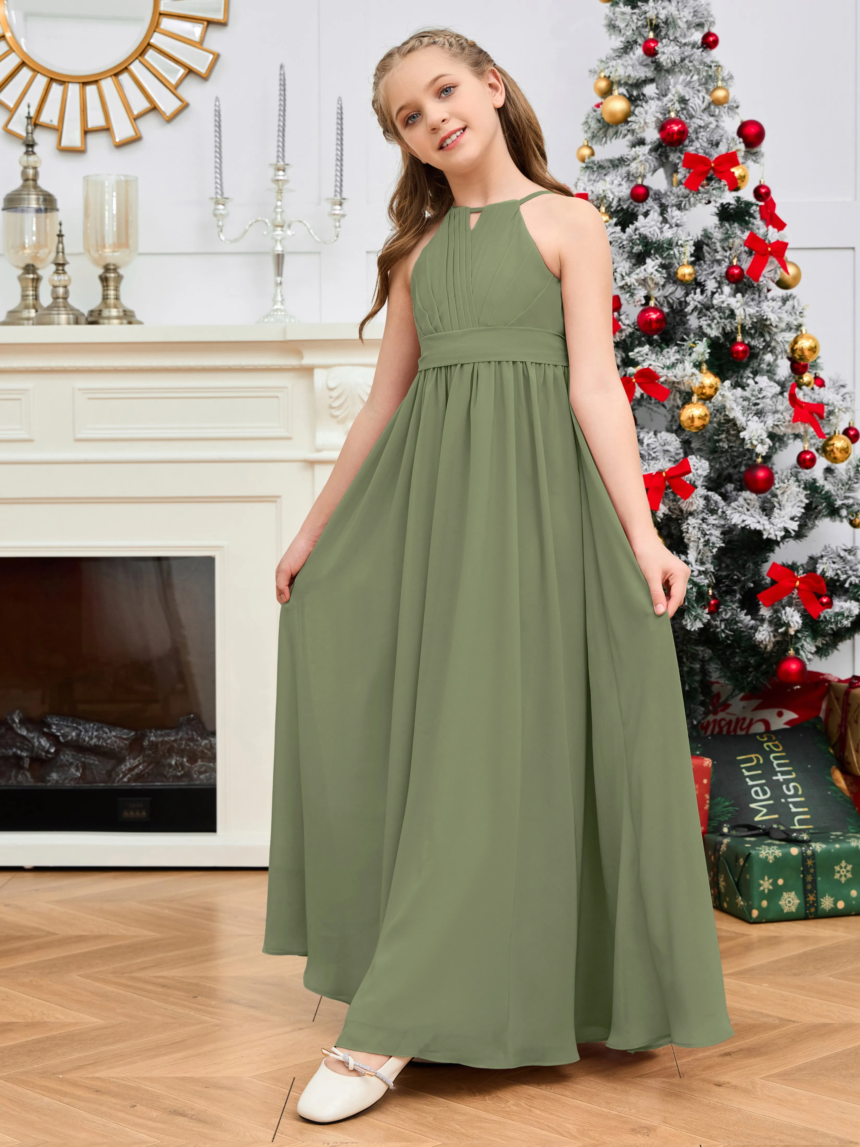 Jewel Zipper Back Long Chiffon Junior Bridesmaid Dress