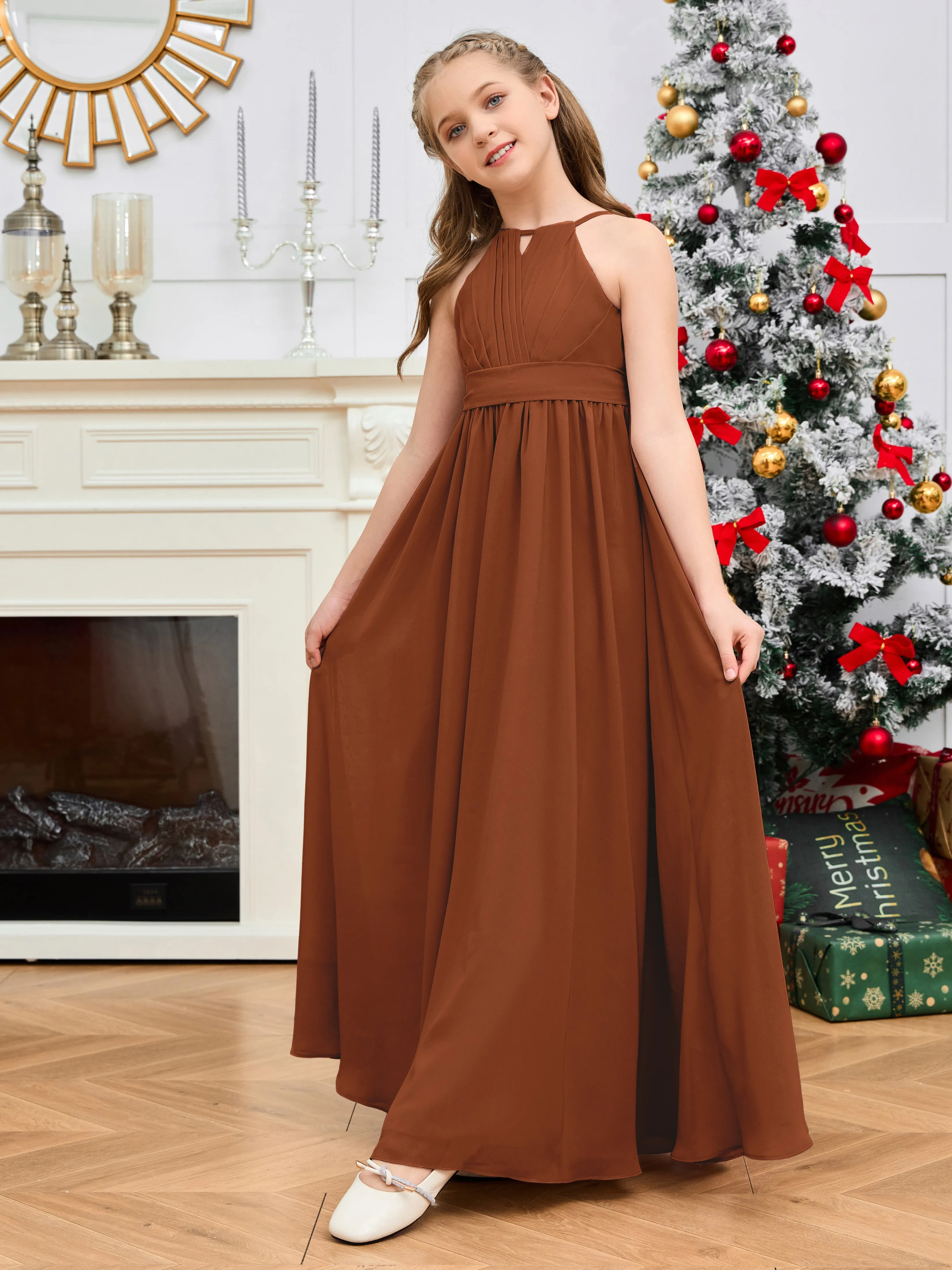 Jewel Zipper Back Long Chiffon Junior Bridesmaid Dress