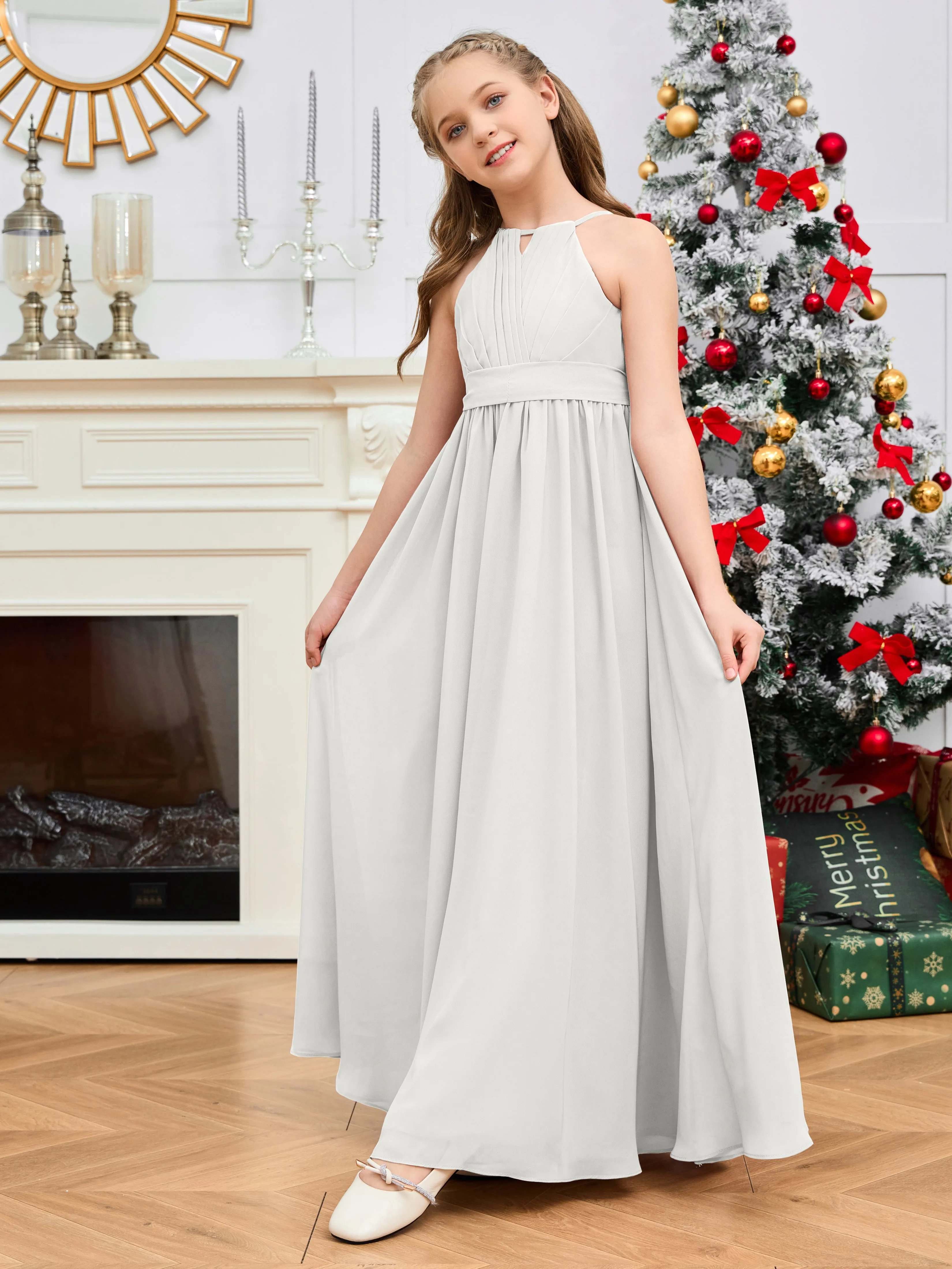 Jewel Zipper Back Long Chiffon Junior Bridesmaid Dress