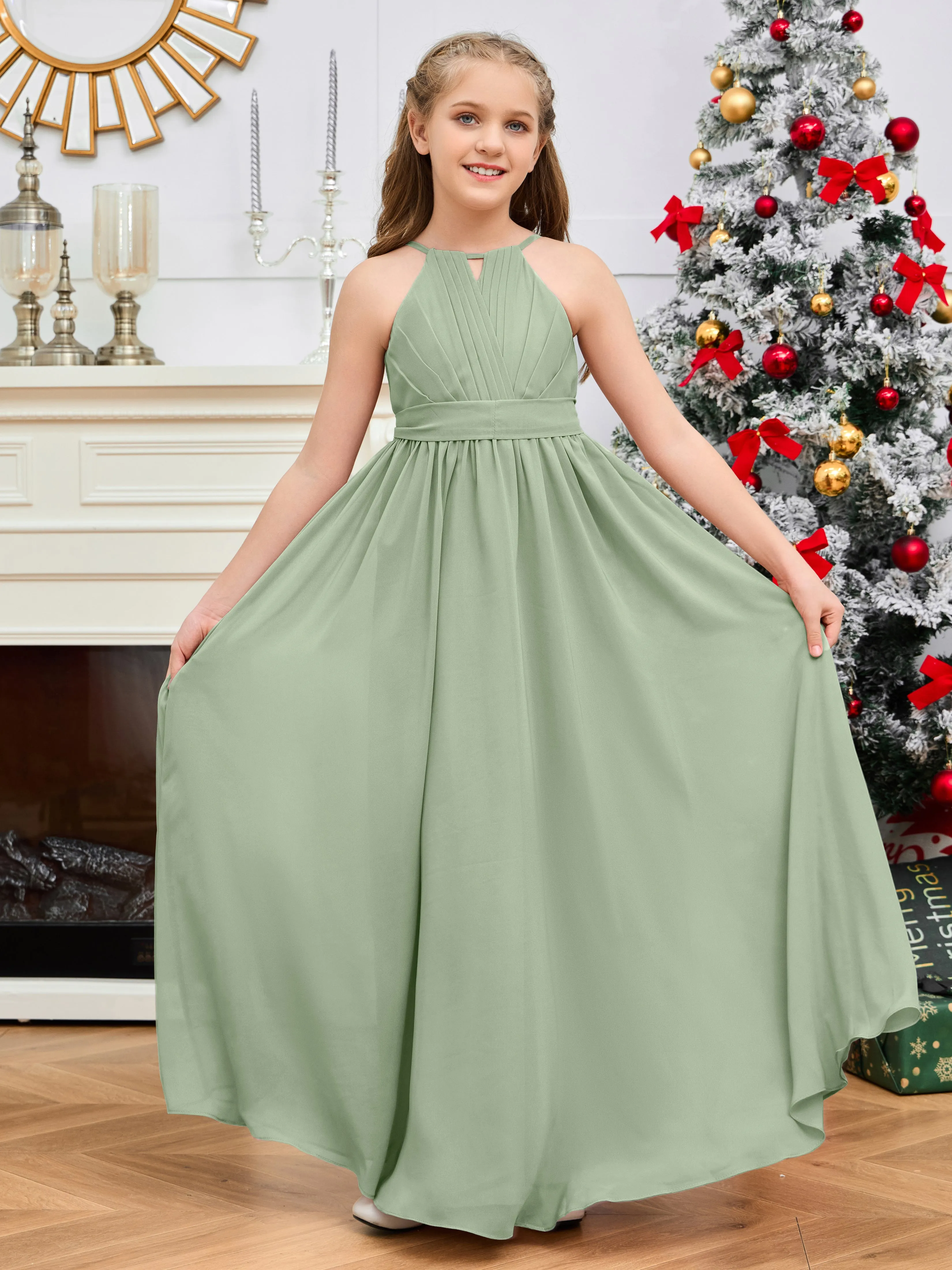 Jewel Zipper Back Long Chiffon Junior Bridesmaid Dress