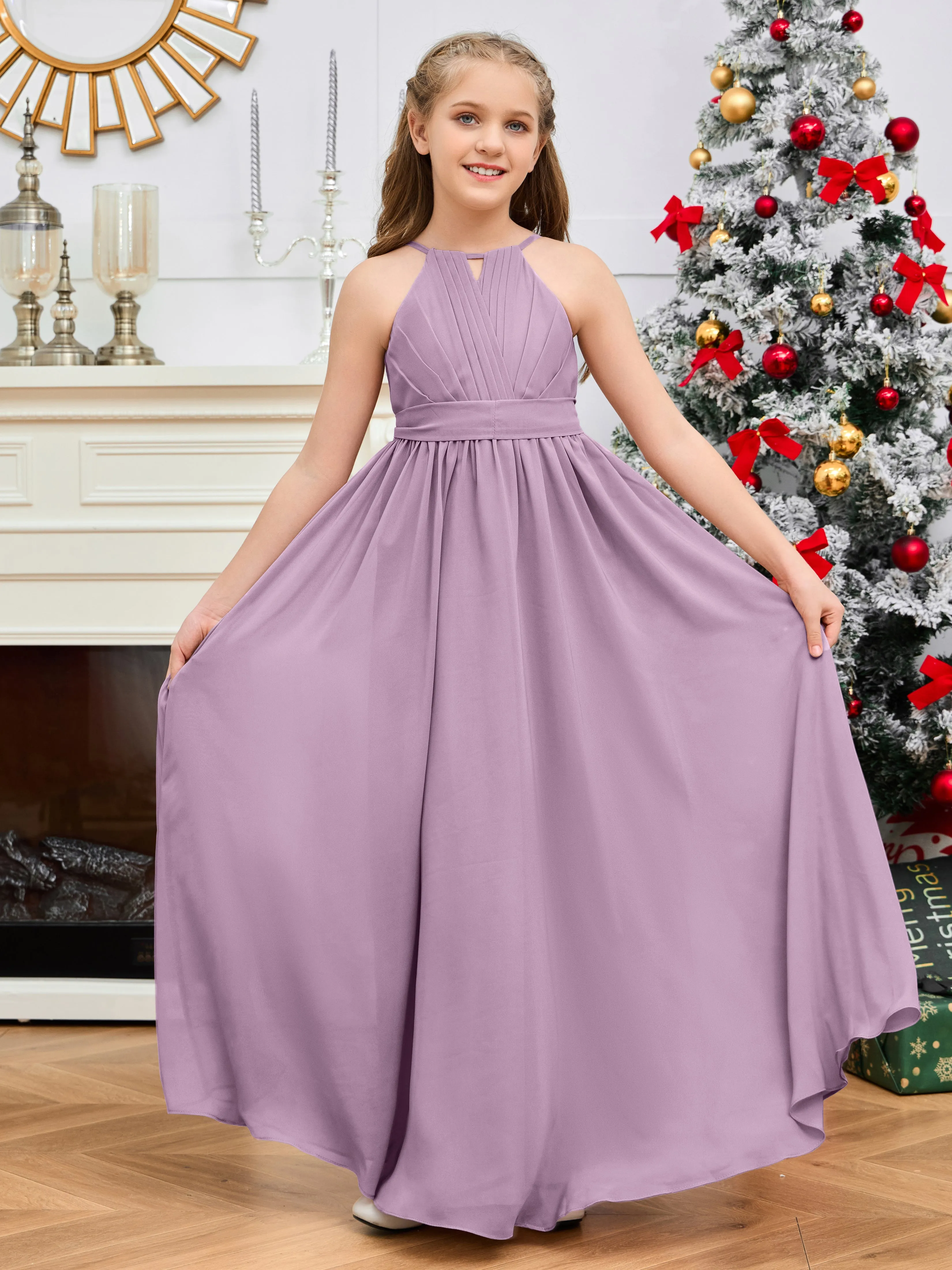 Jewel Zipper Back Long Chiffon Junior Bridesmaid Dress