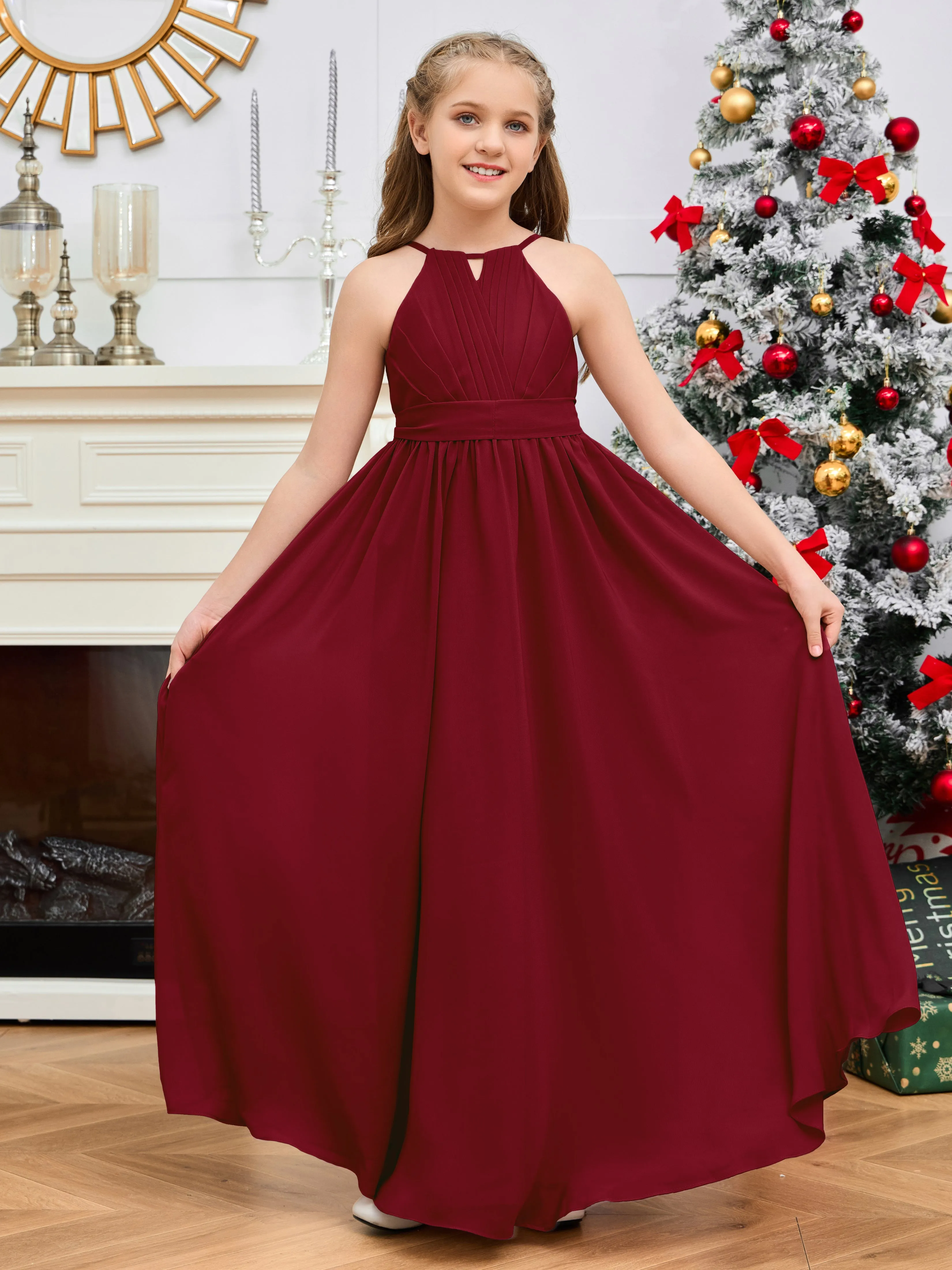 Jewel Zipper Back Long Chiffon Junior Bridesmaid Dress