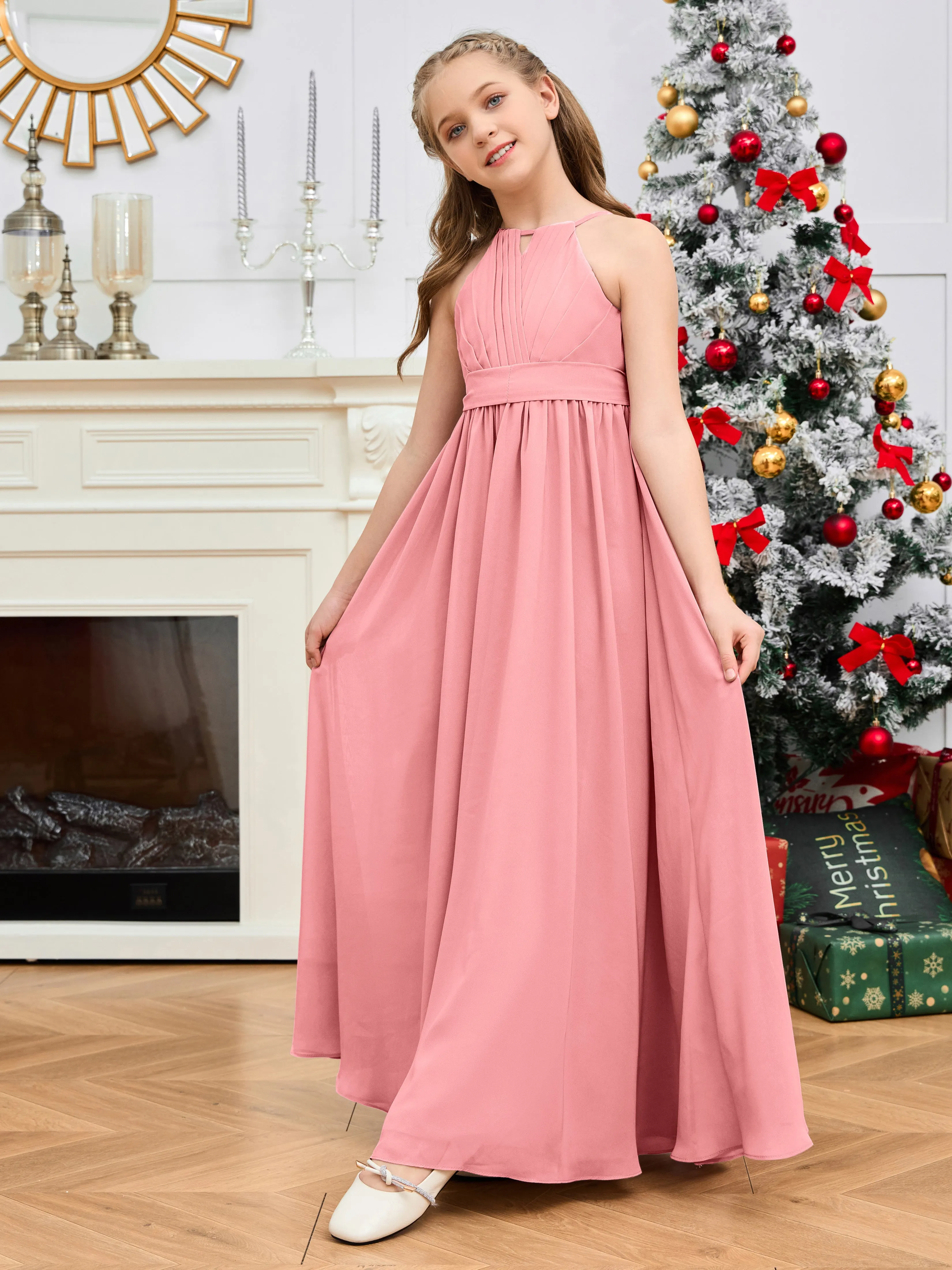 Jewel Zipper Back Long Chiffon Junior Bridesmaid Dress