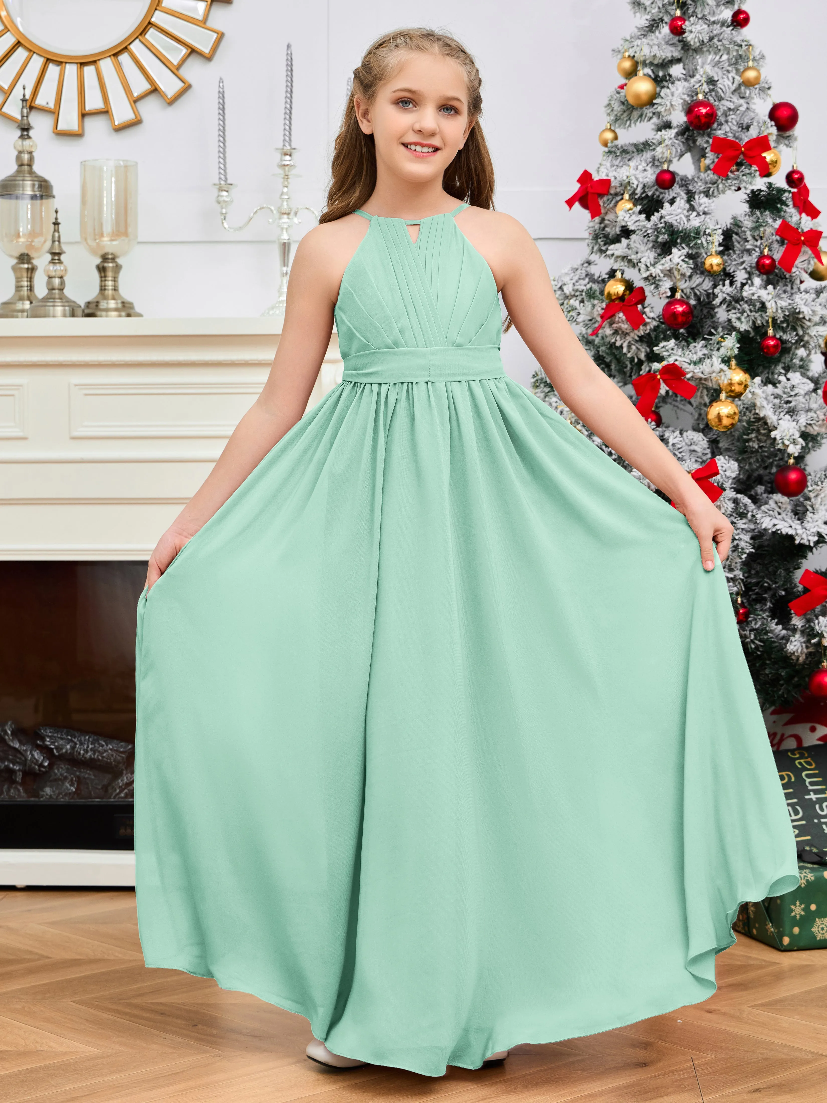 Jewel Zipper Back Long Chiffon Junior Bridesmaid Dress