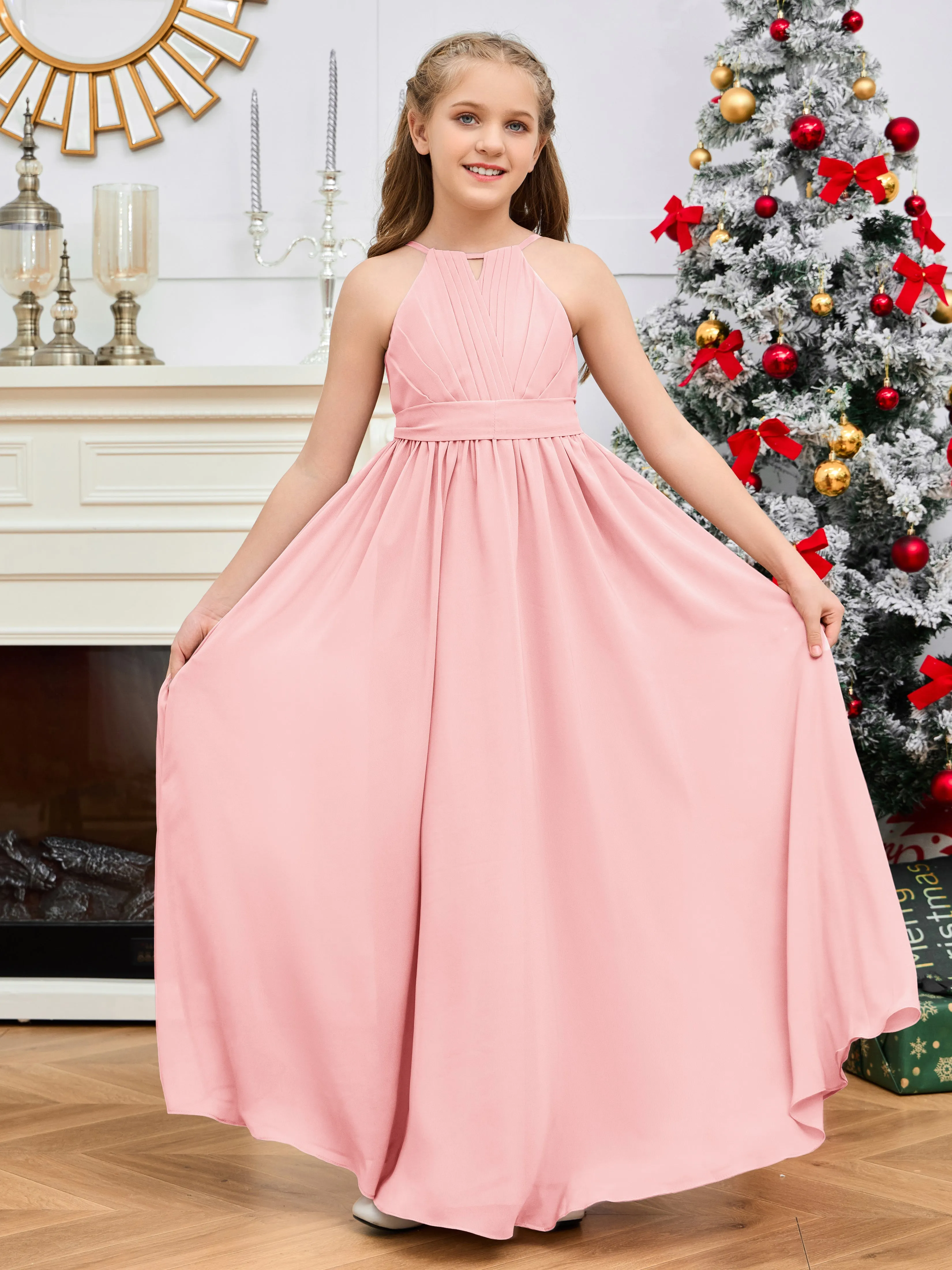 Jewel Zipper Back Long Chiffon Junior Bridesmaid Dress