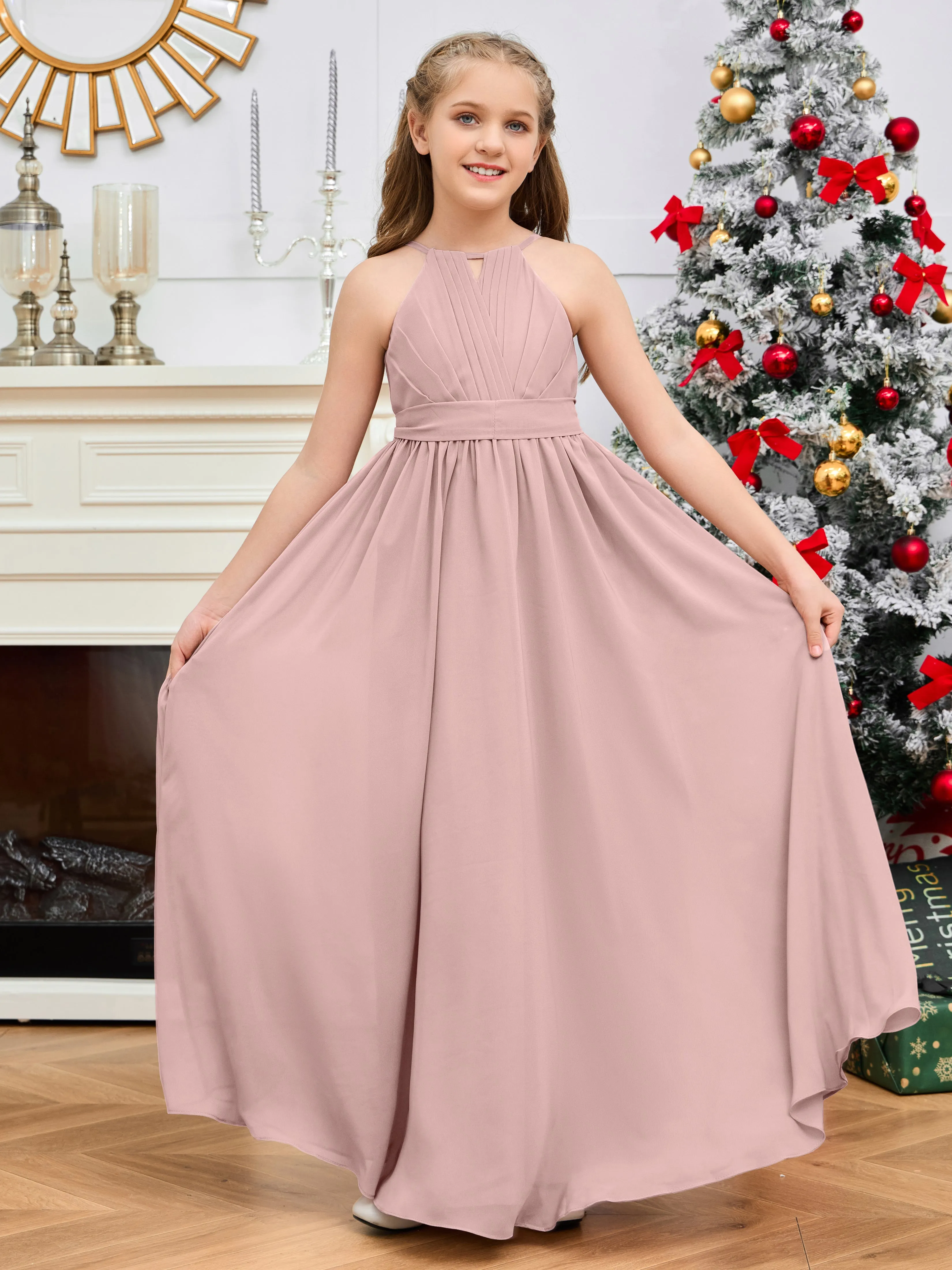 Jewel Zipper Back Long Chiffon Junior Bridesmaid Dress