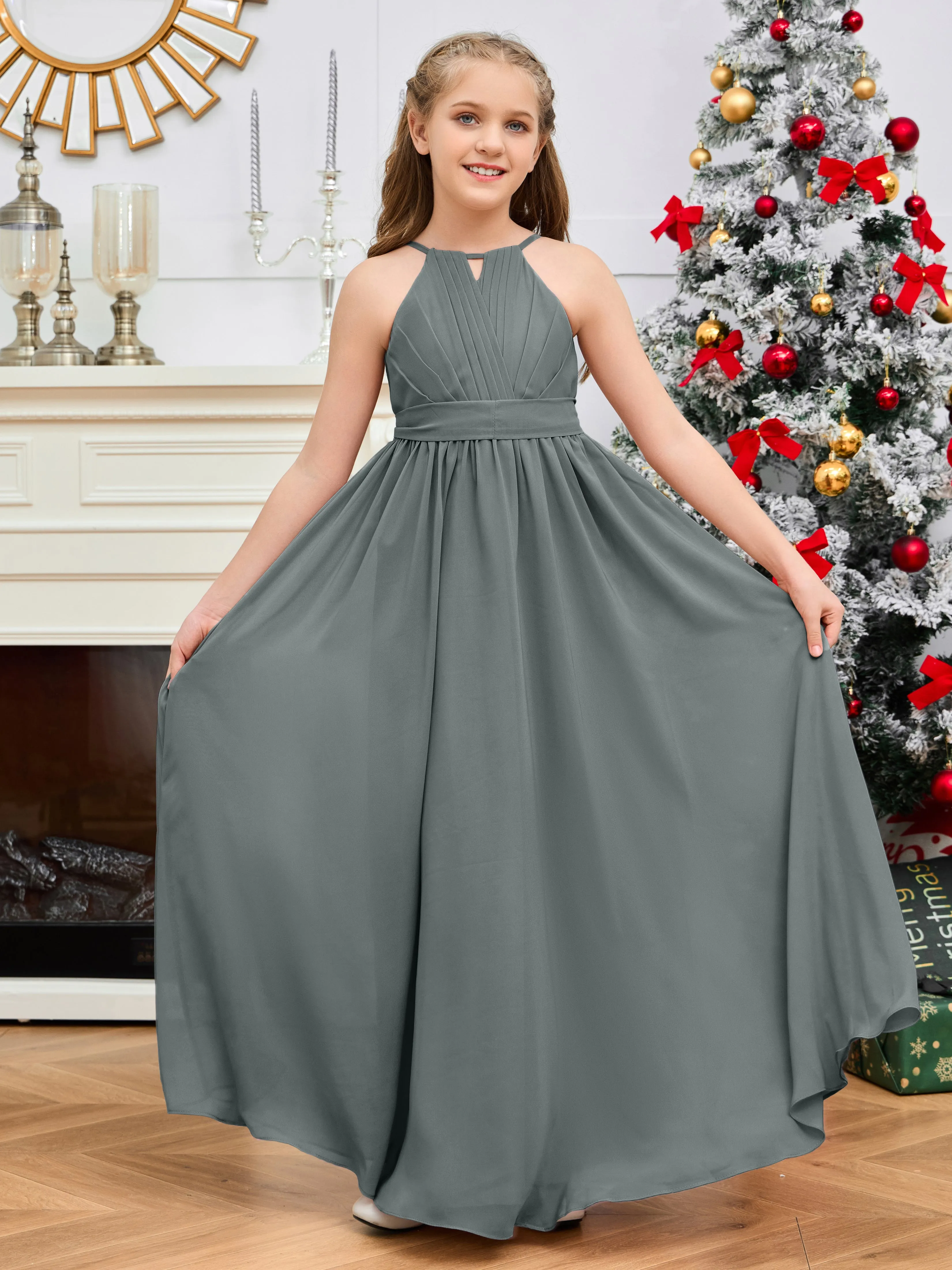 Jewel Zipper Back Long Chiffon Junior Bridesmaid Dress