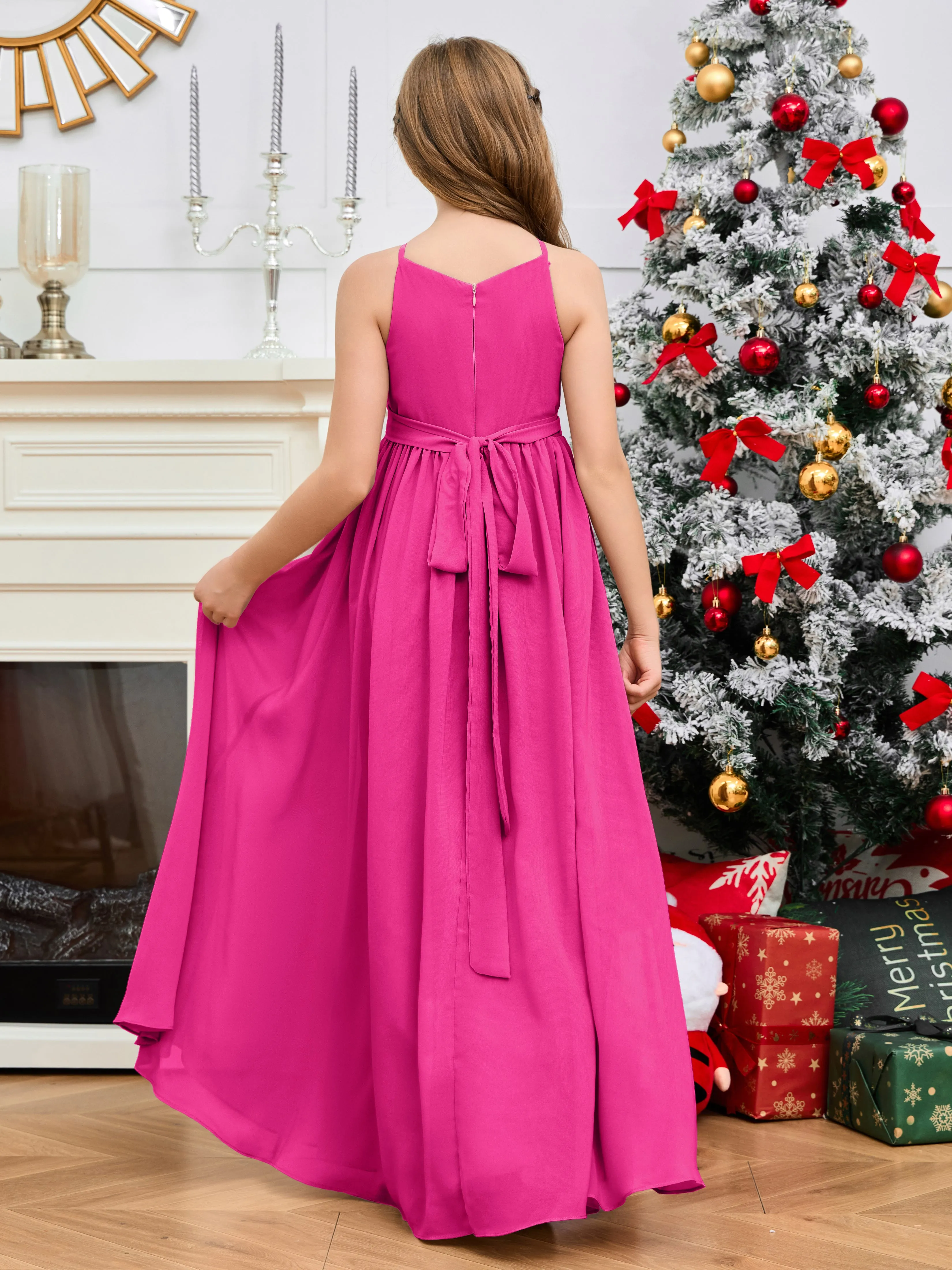 Jewel Zipper Back Long Chiffon Junior Bridesmaid Dress