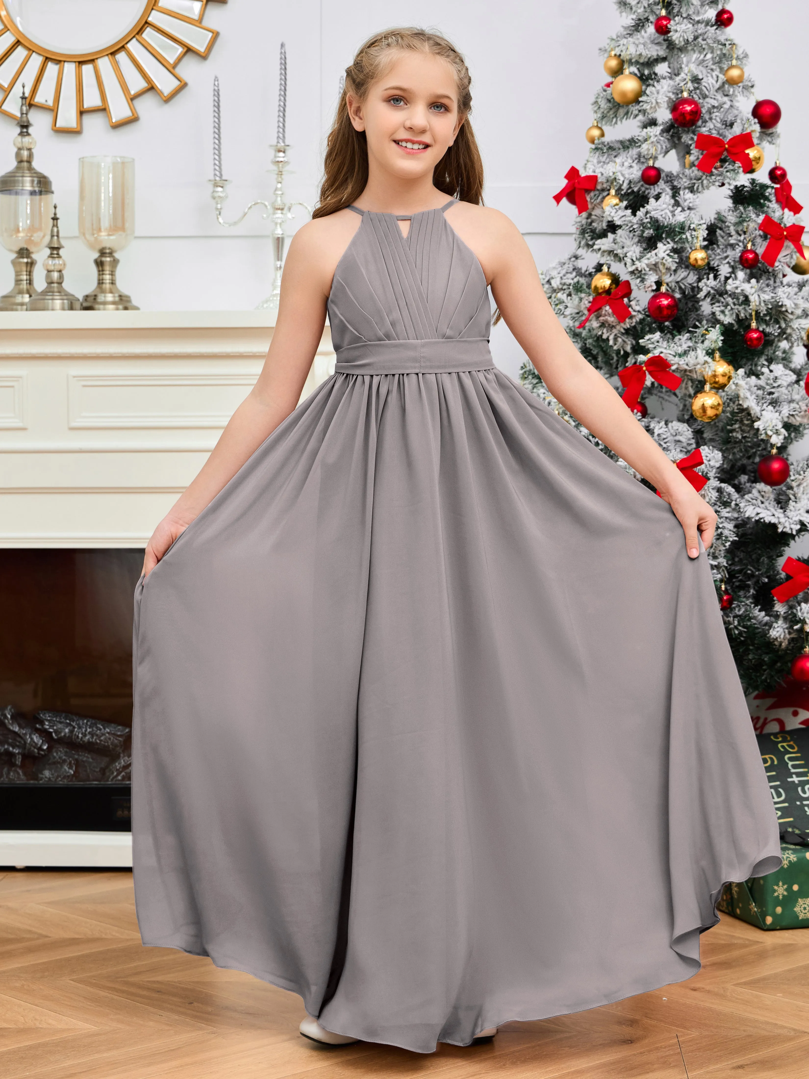 Jewel Zipper Back Long Chiffon Junior Bridesmaid Dress