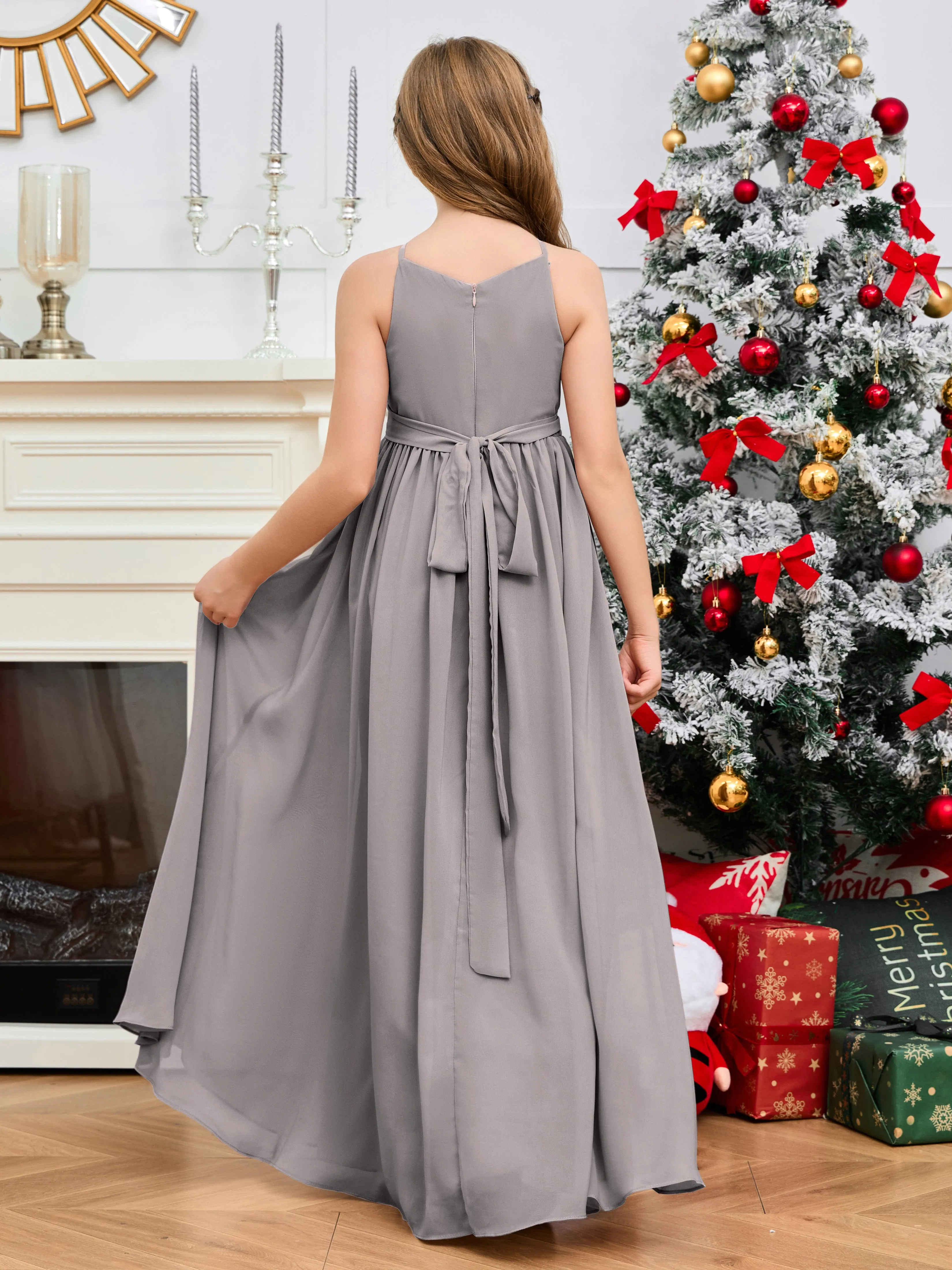 Jewel Zipper Back Long Chiffon Junior Bridesmaid Dress