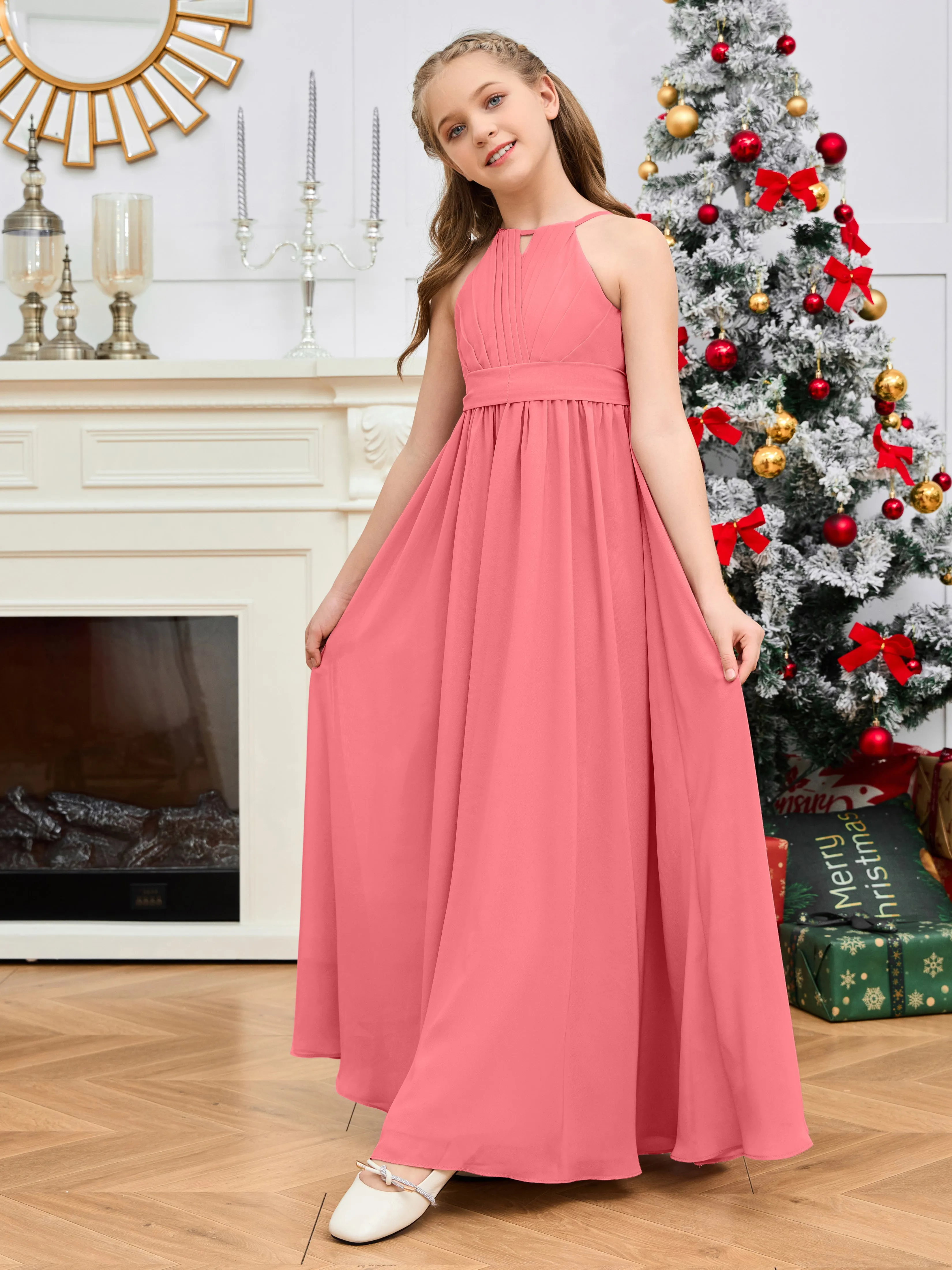 Jewel Zipper Back Long Chiffon Junior Bridesmaid Dress