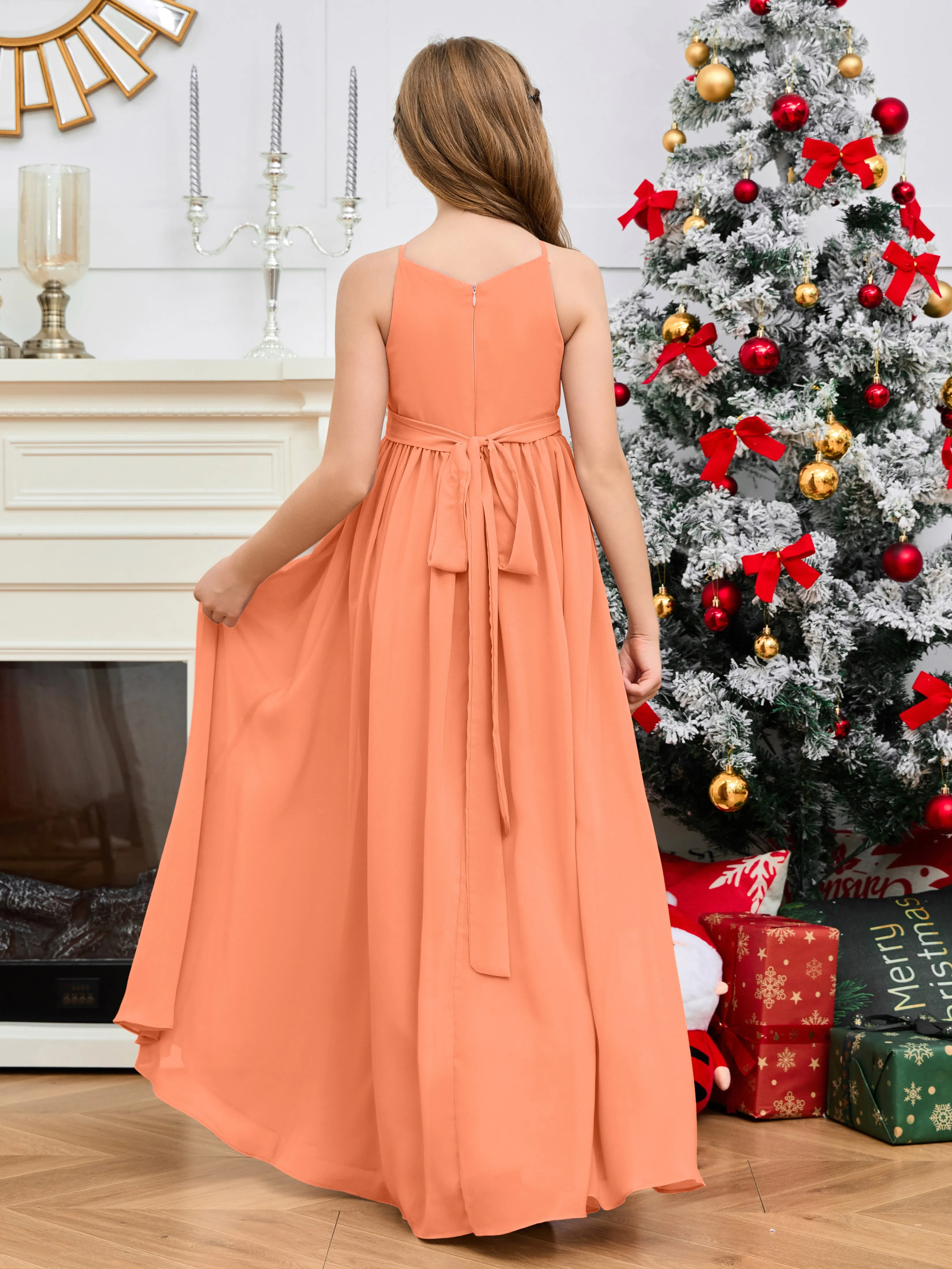 Jewel Zipper Back Long Chiffon Junior Bridesmaid Dress