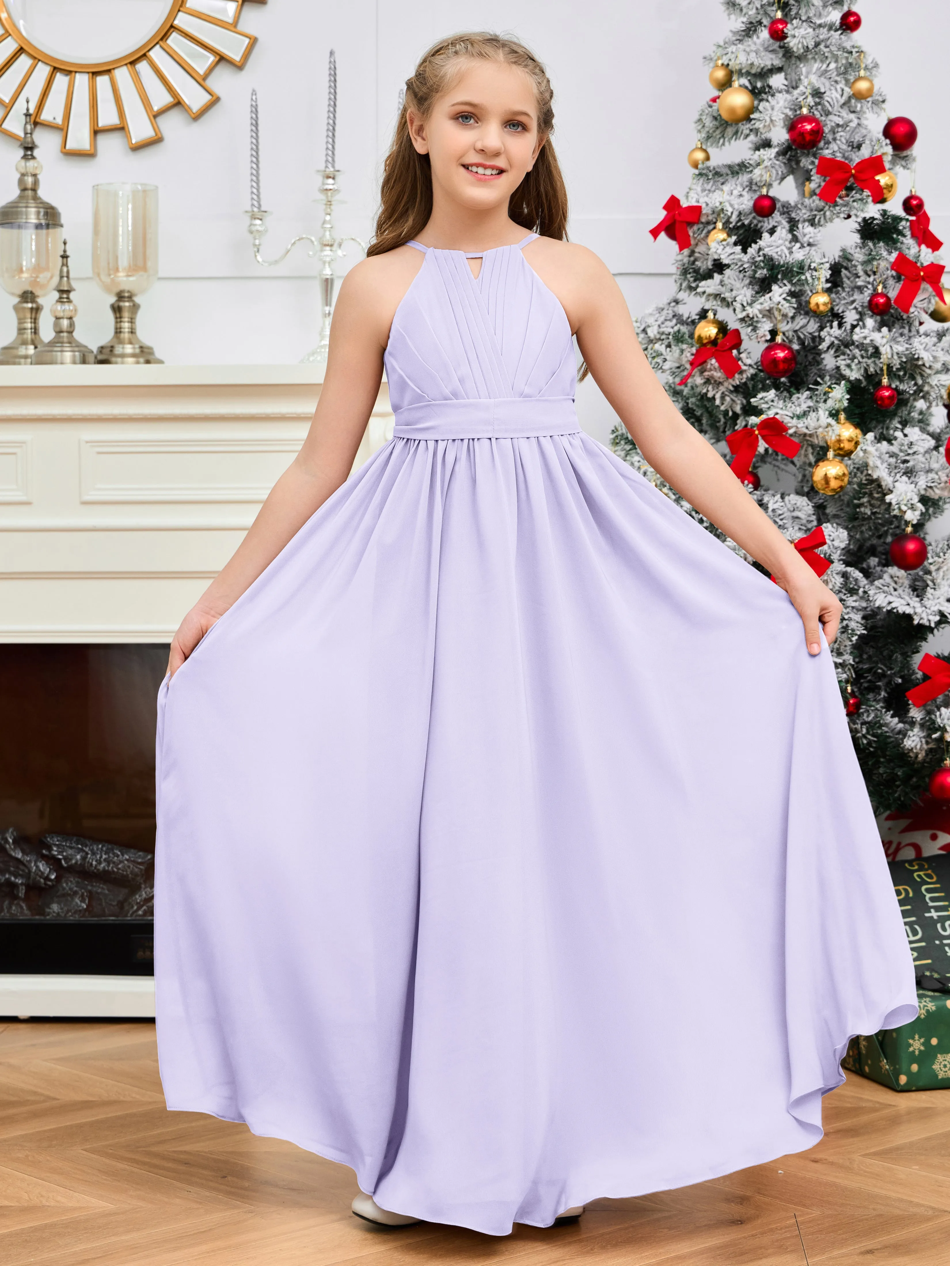 Jewel Zipper Back Long Chiffon Junior Bridesmaid Dress