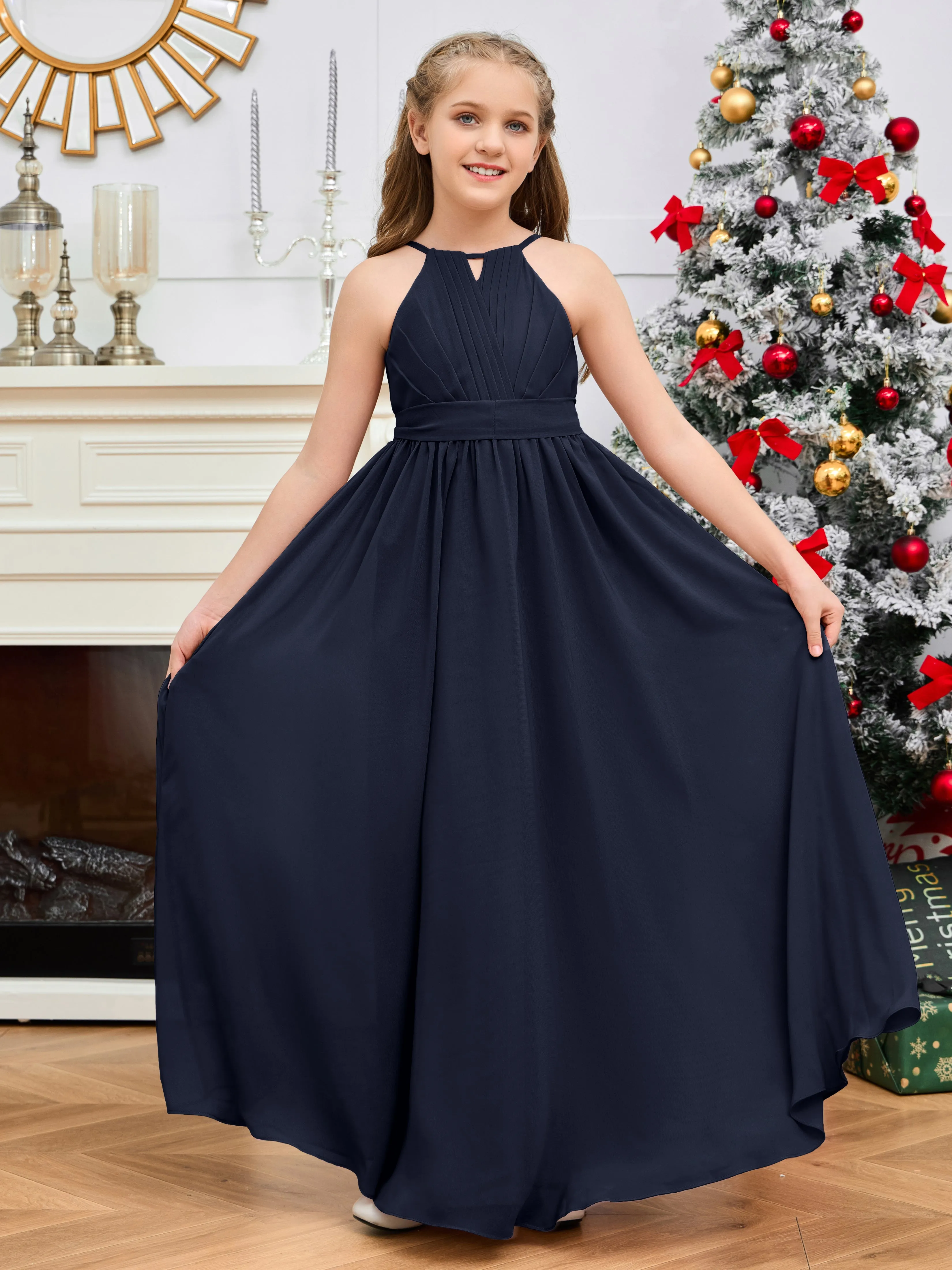 Jewel Zipper Back Long Chiffon Junior Bridesmaid Dress