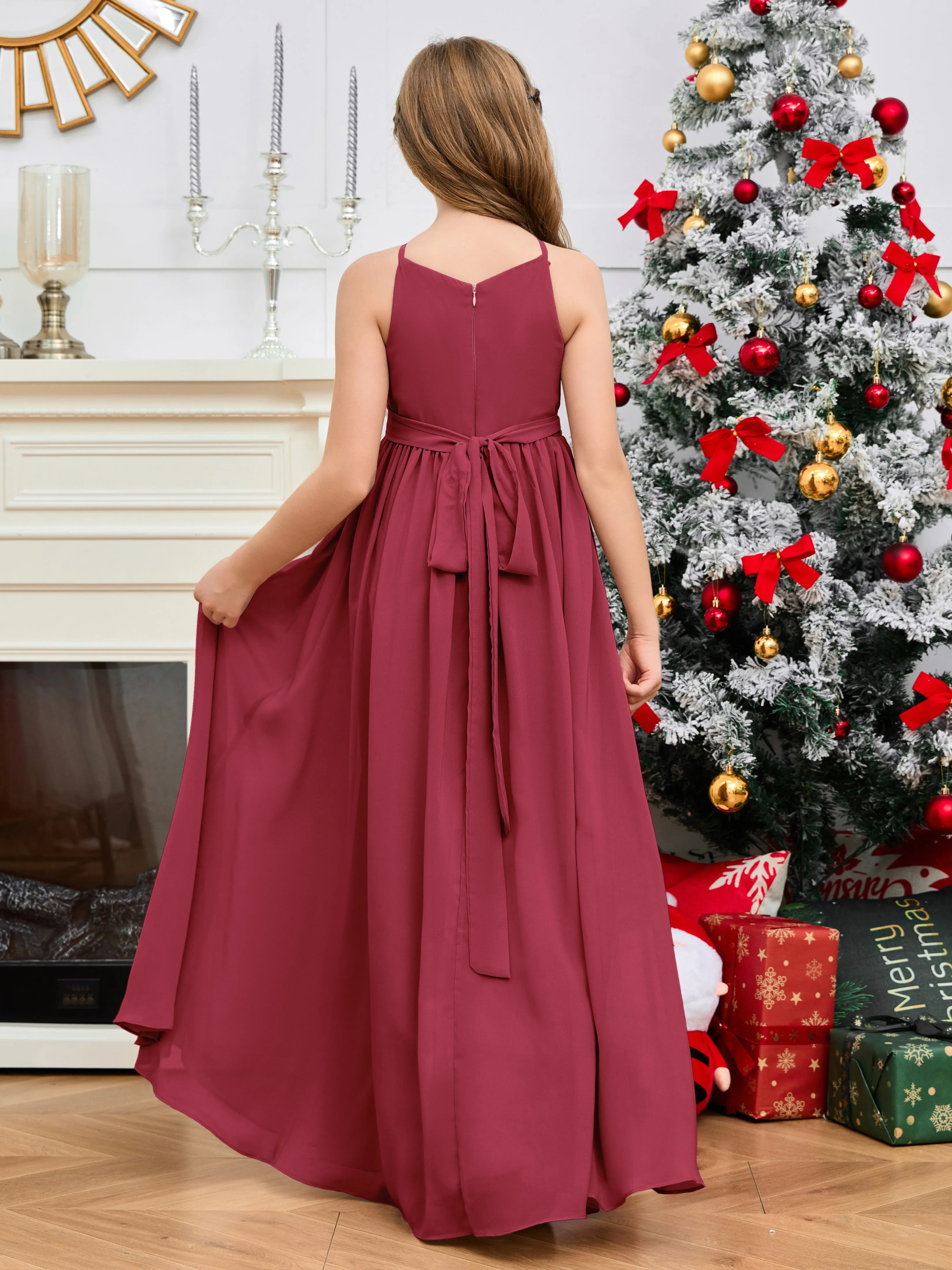 Jewel Zipper Back Long Chiffon Junior Bridesmaid Dress